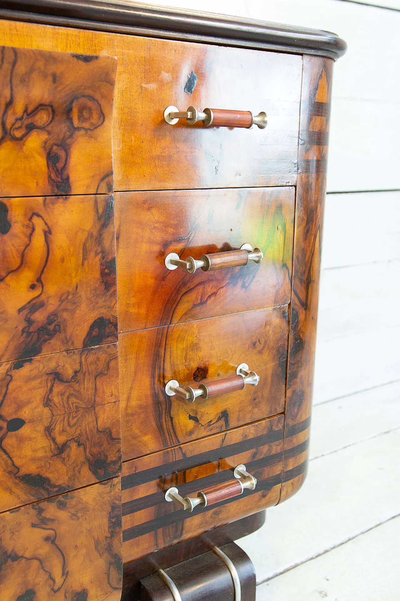 Cassettiera Art Déco in radica e noce e acciaio, anni '30 5