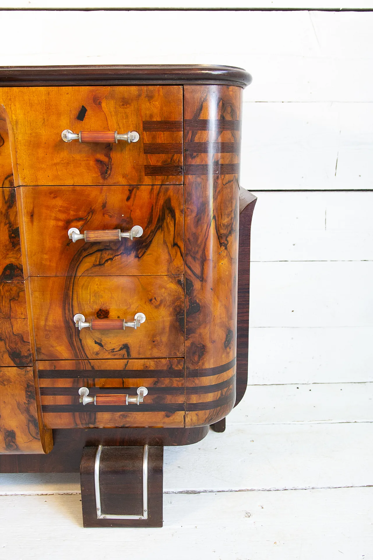 Cassettiera Art Déco in radica e noce e acciaio, anni '30 6