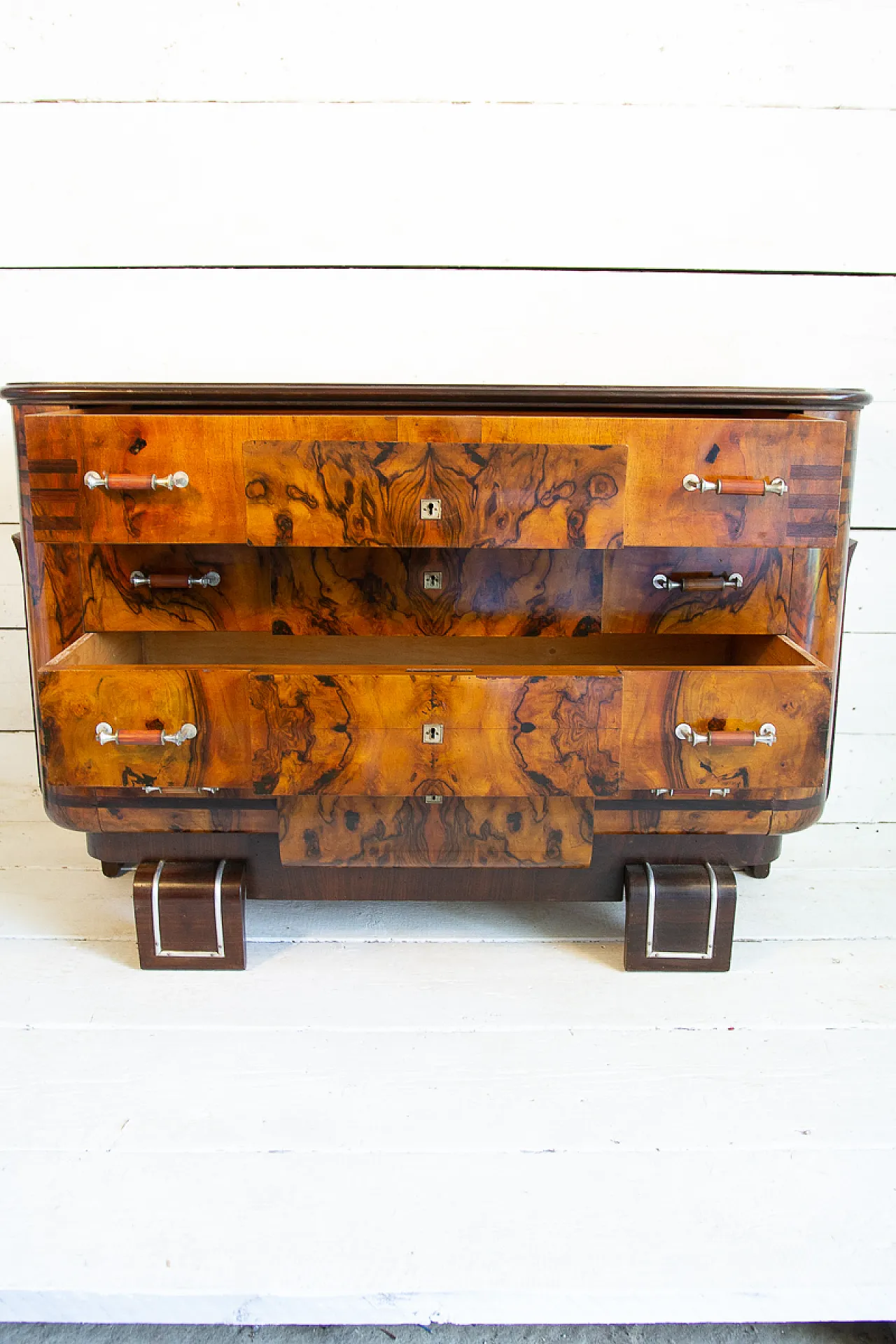 Cassettiera Art Déco in radica e noce e acciaio, anni '30 9