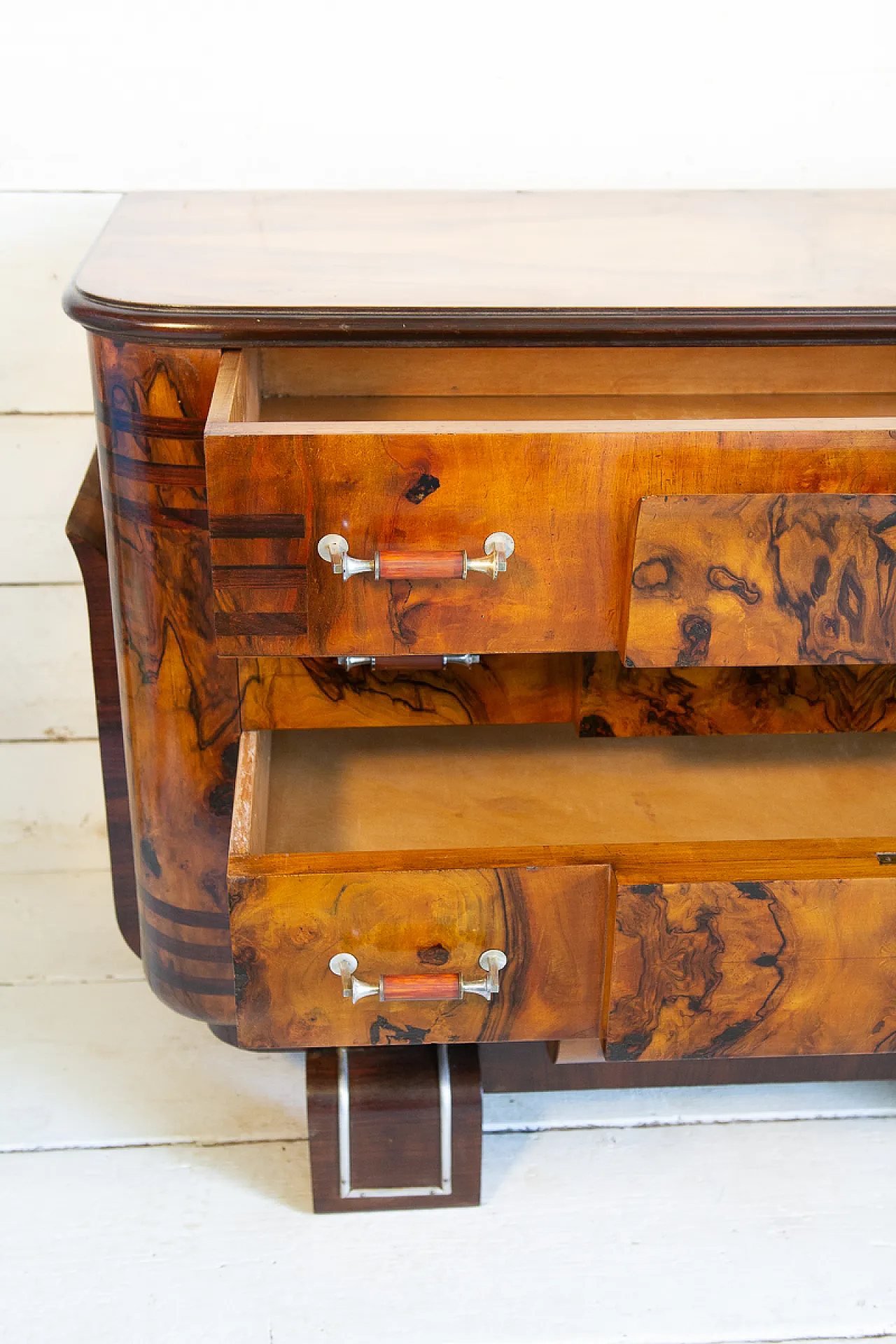 Cassettiera Art Déco in radica e noce e acciaio, anni '30 10