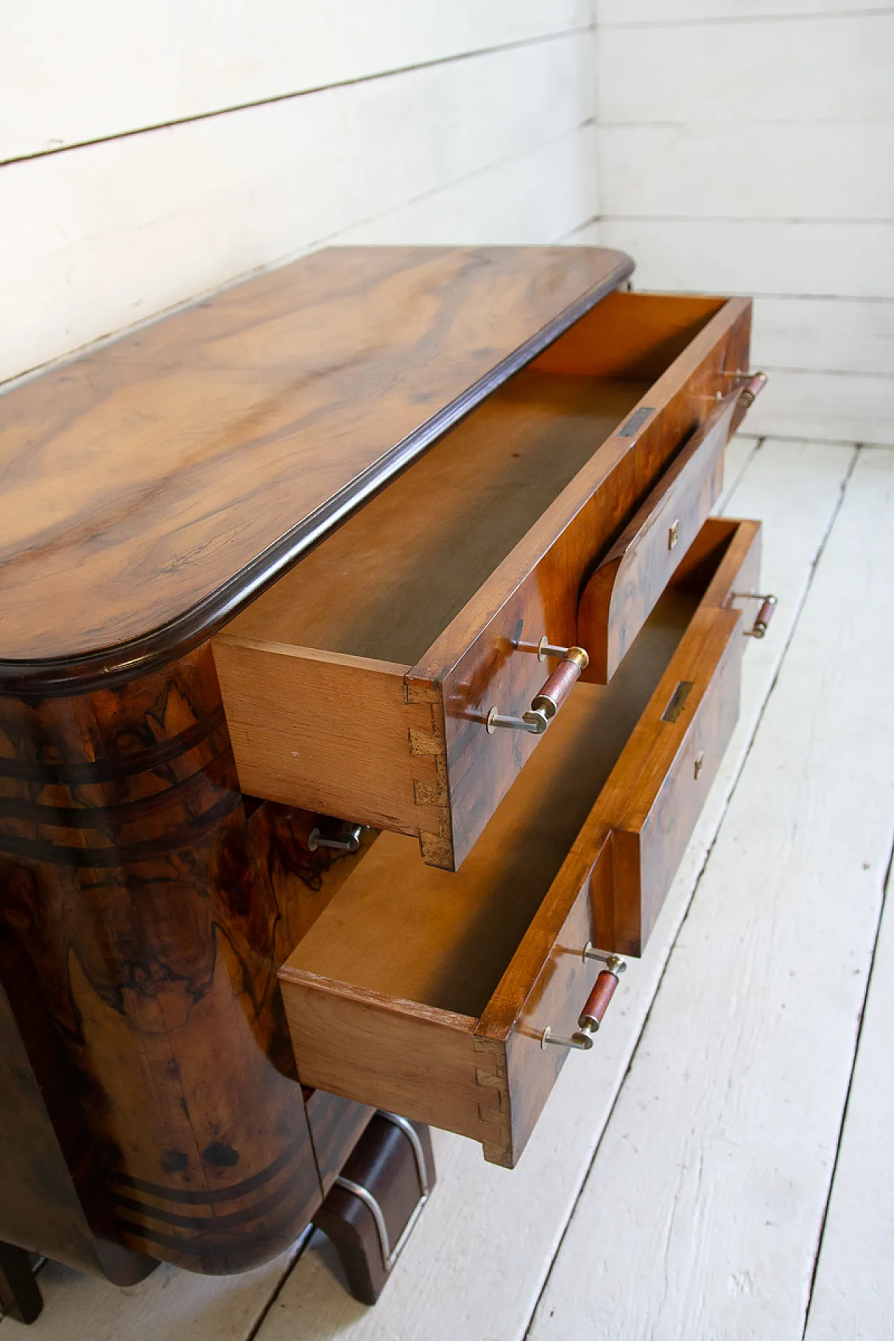 Cassettiera Art Déco in radica e noce e acciaio, anni '30 11