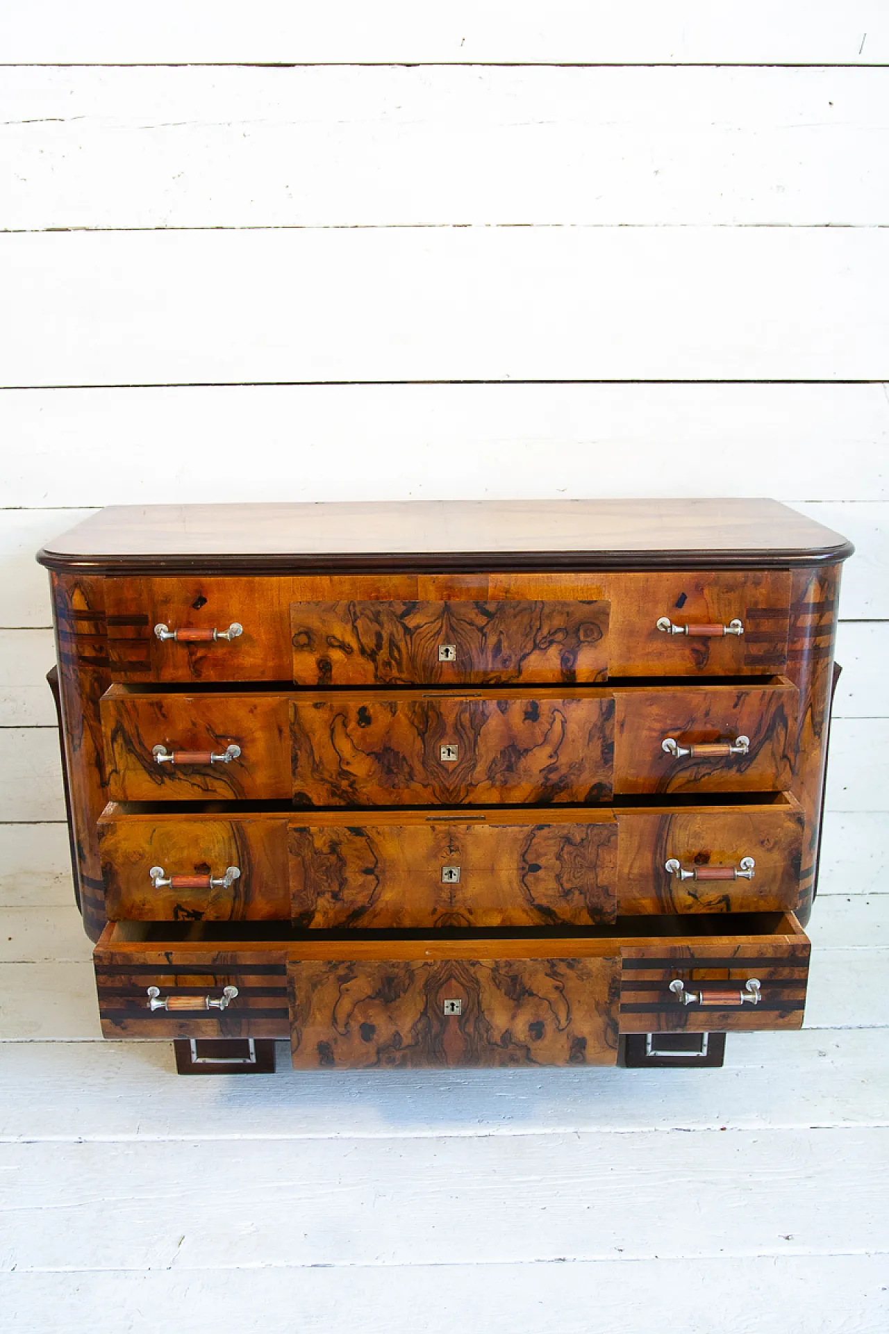 Cassettiera Art Déco in radica e noce e acciaio, anni '30 14