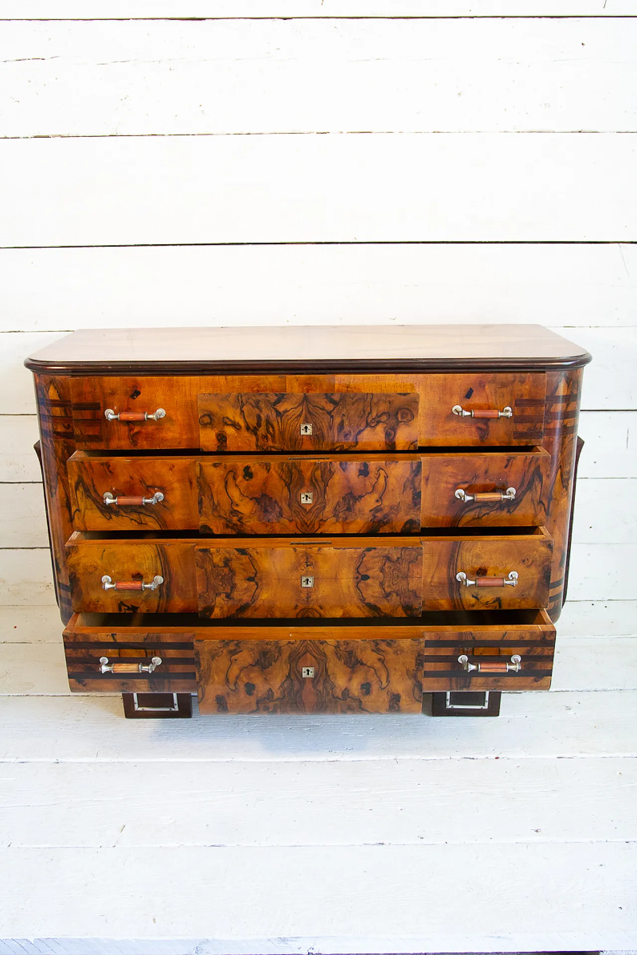 Cassettiera Art Déco in radica e noce e acciaio, anni '30 15