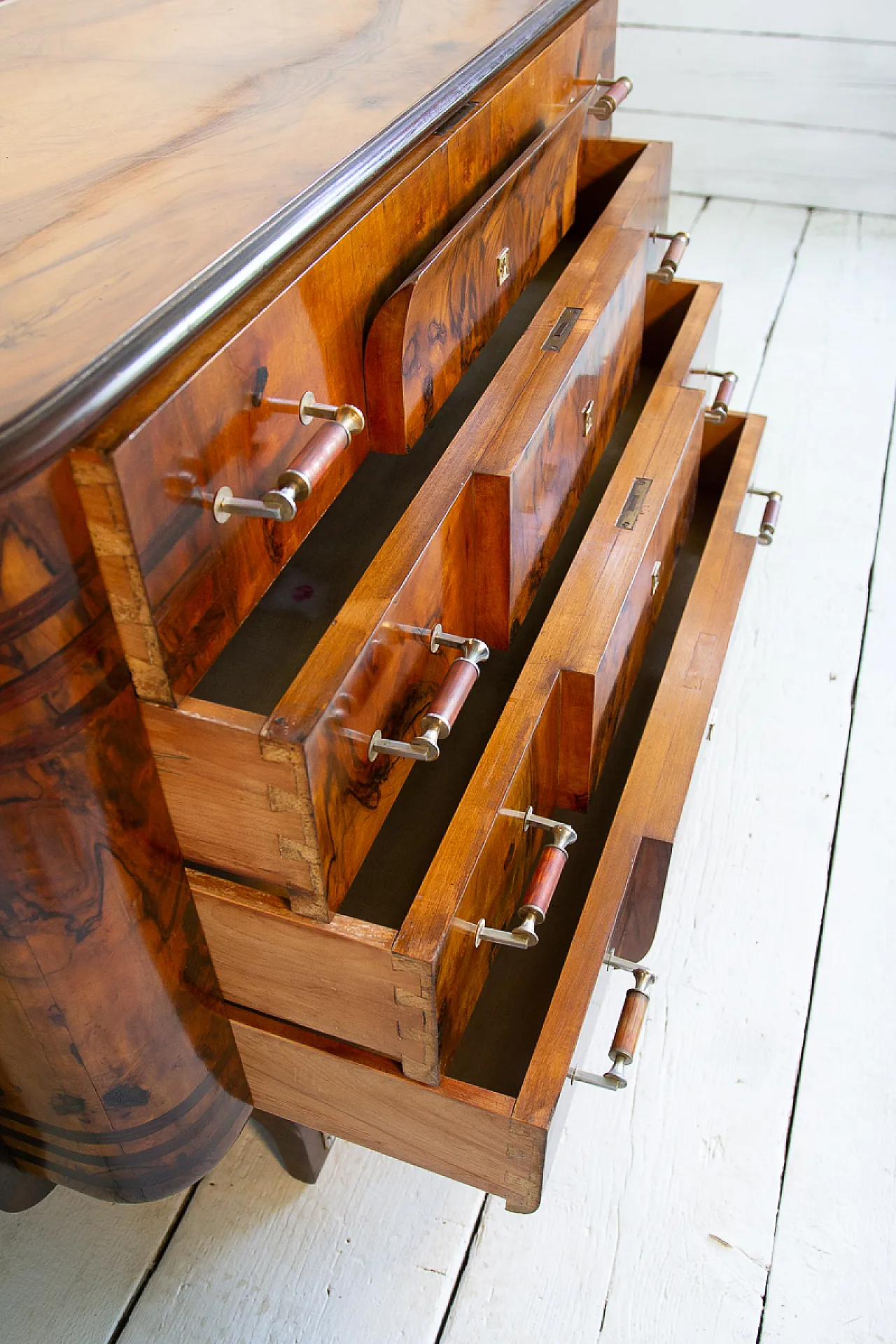 Cassettiera Art Déco in radica e noce e acciaio, anni '30 16