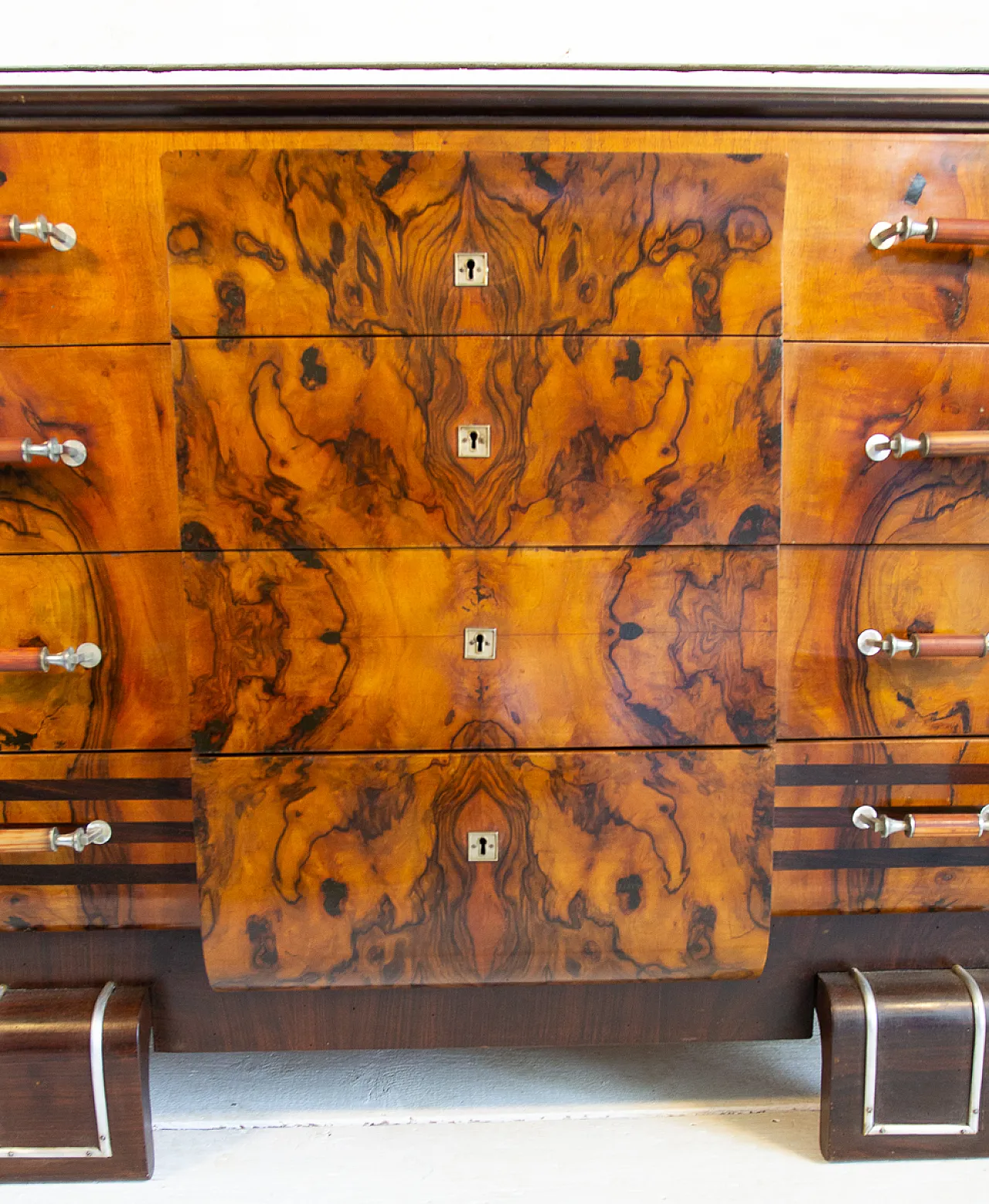 Cassettiera Art Déco in radica e noce e acciaio, anni '30 21