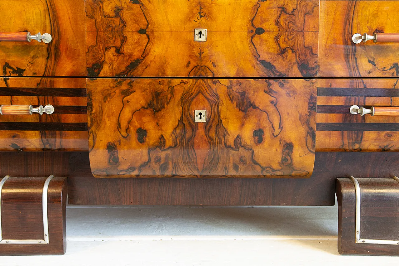 Cassettiera Art Déco in radica e noce e acciaio, anni '30 25