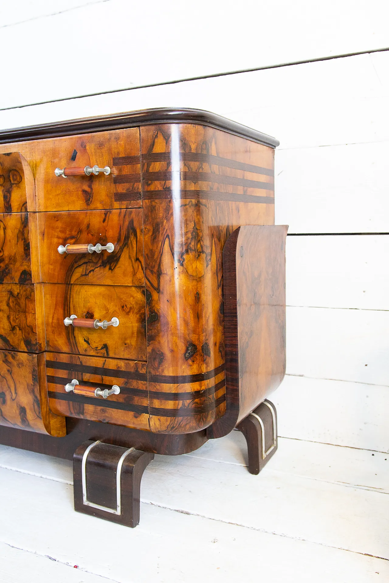 Cassettiera Art Déco in radica e noce e acciaio, anni '30 27