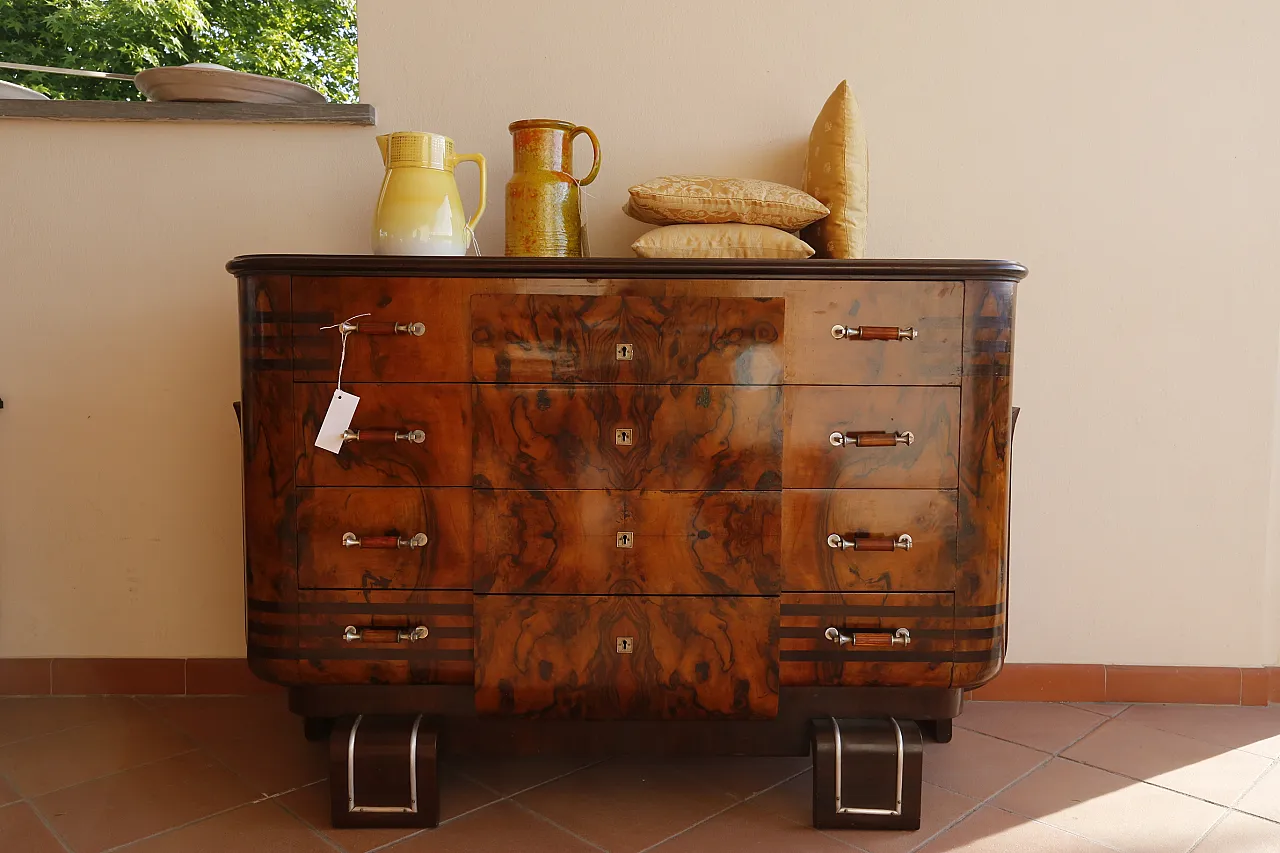 Cassettiera Art Déco in radica e noce e acciaio, anni '30 34