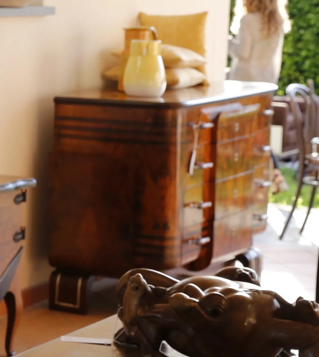 Cassettiera Art Déco in radica e noce e acciaio, anni '30 35