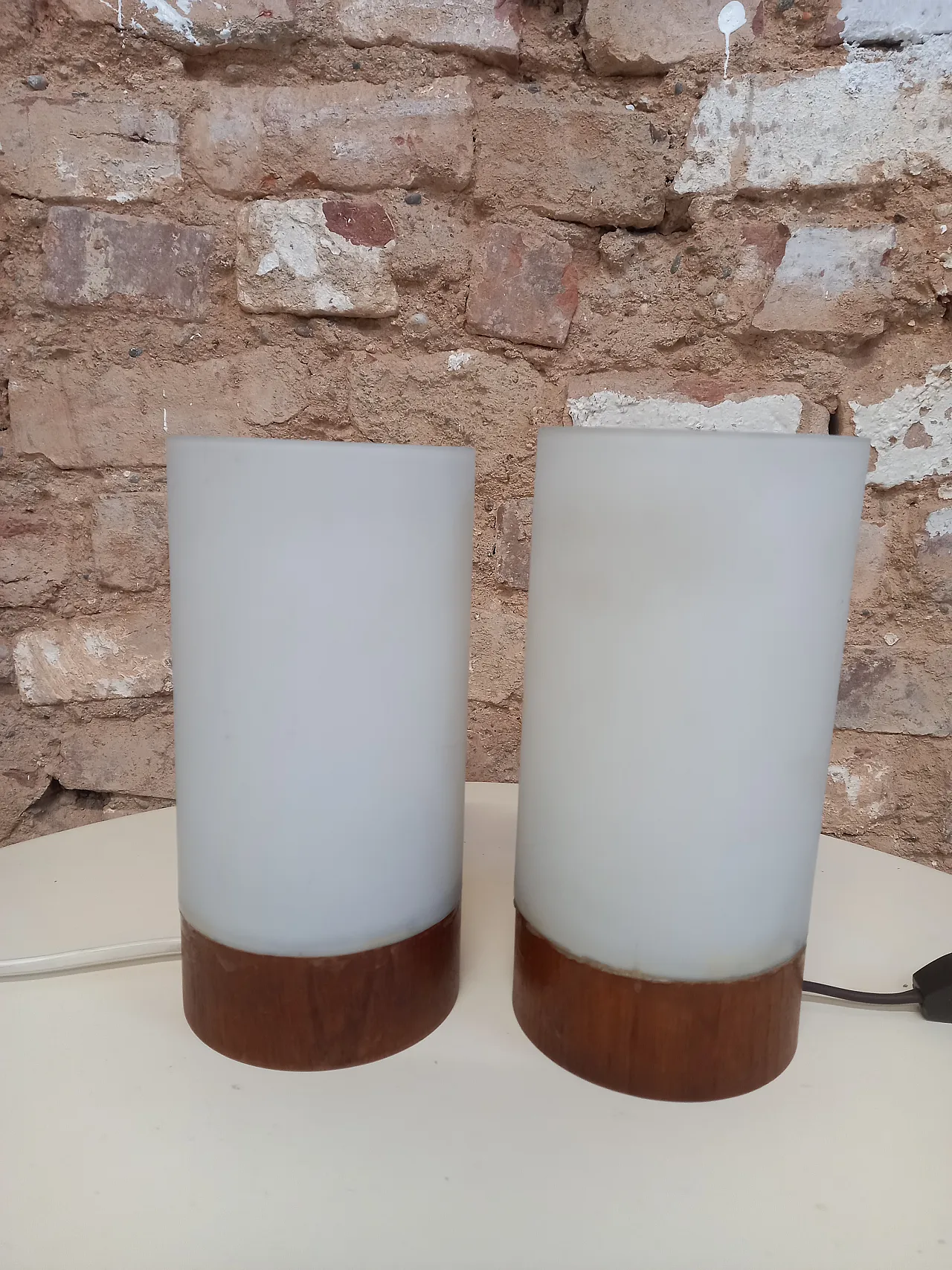 Pair of Scandinavian Teak and glass lamps, 70s 4