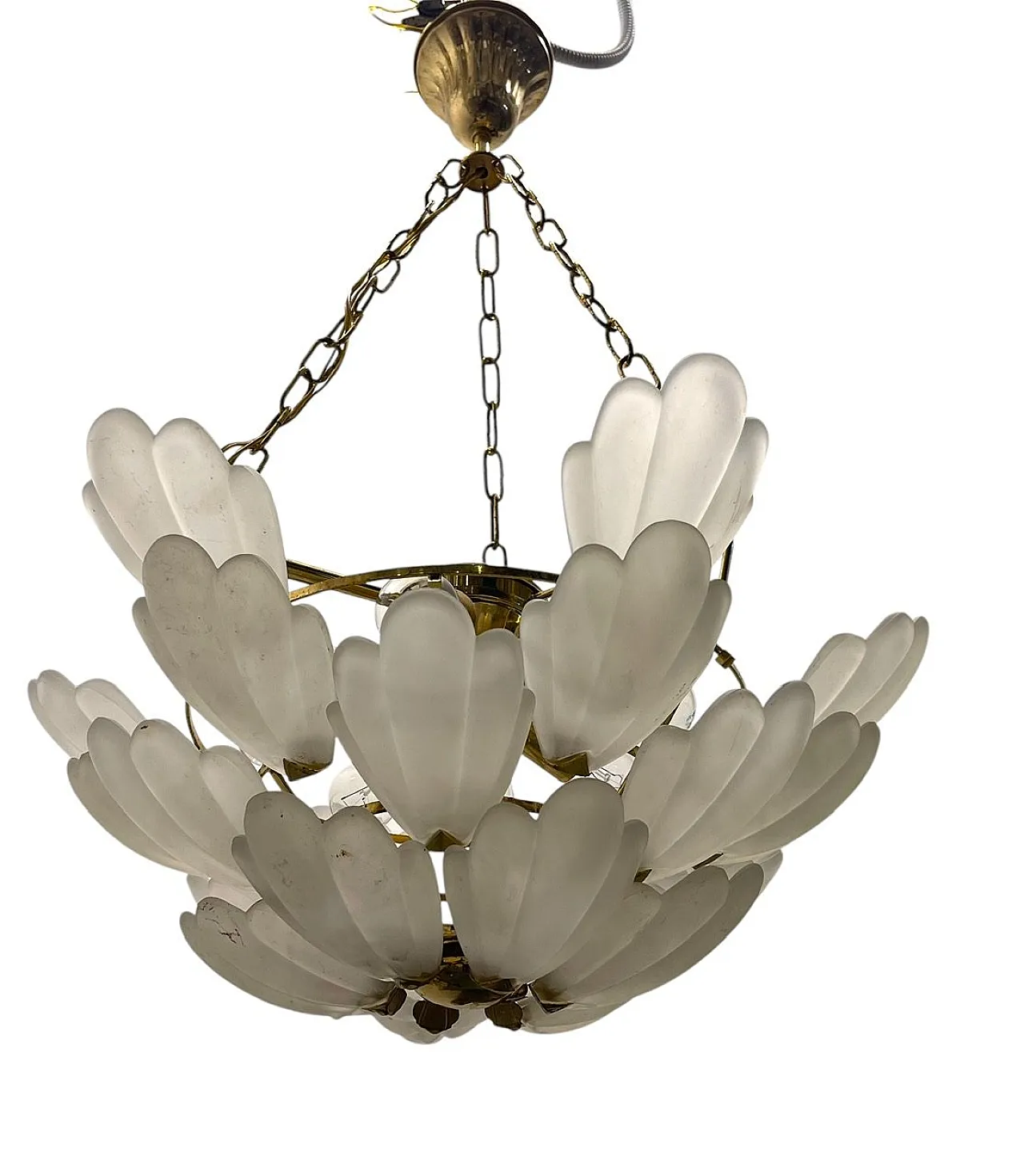 Satinated Glass Brass Chandelier, 1970s 1