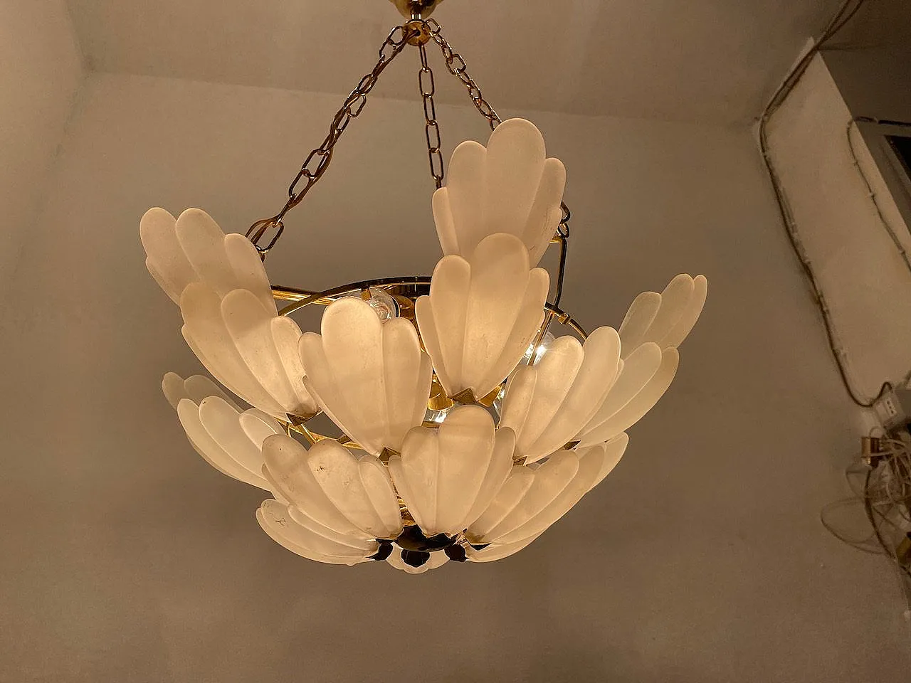 Satinated Glass Brass Chandelier, 1970s 2