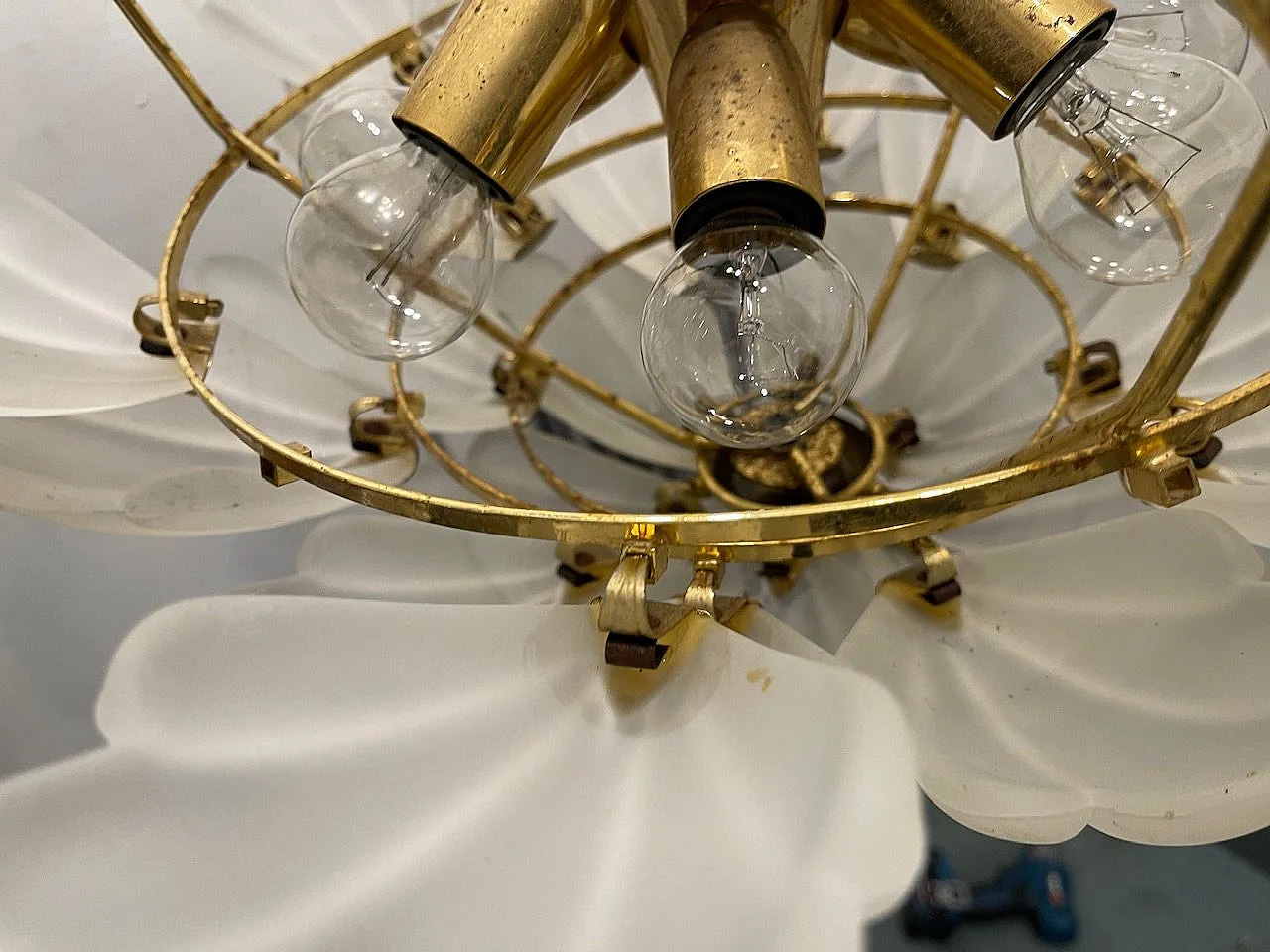 Satinated Glass Brass Chandelier, 1970s 3