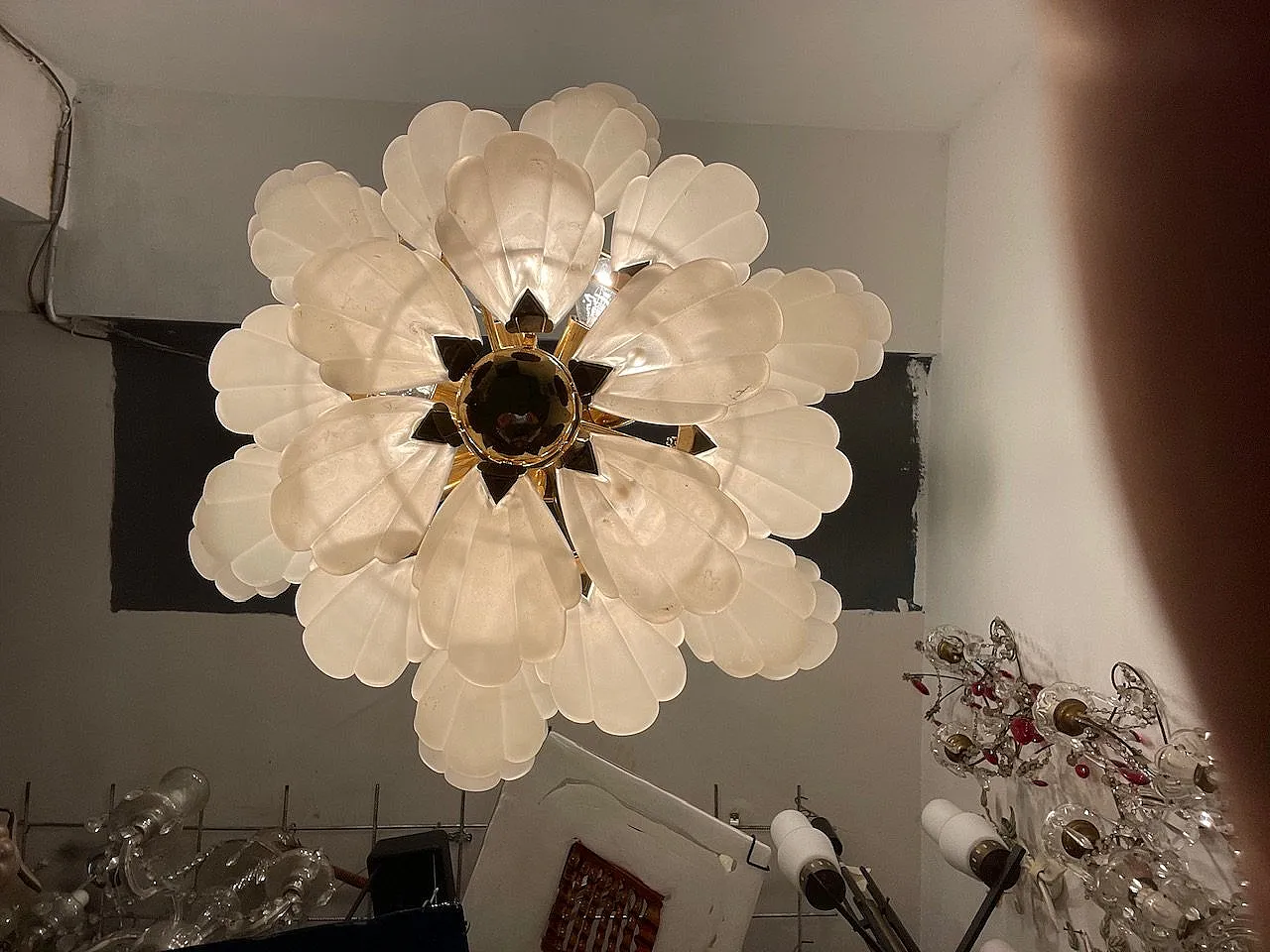 Satinated Glass Brass Chandelier, 1970s 4