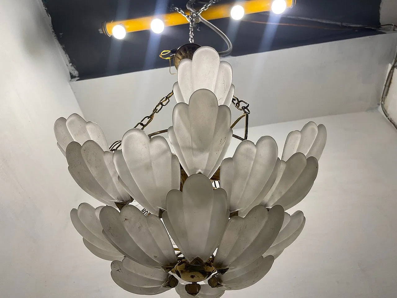 Satinated Glass Brass Chandelier, 1970s 5