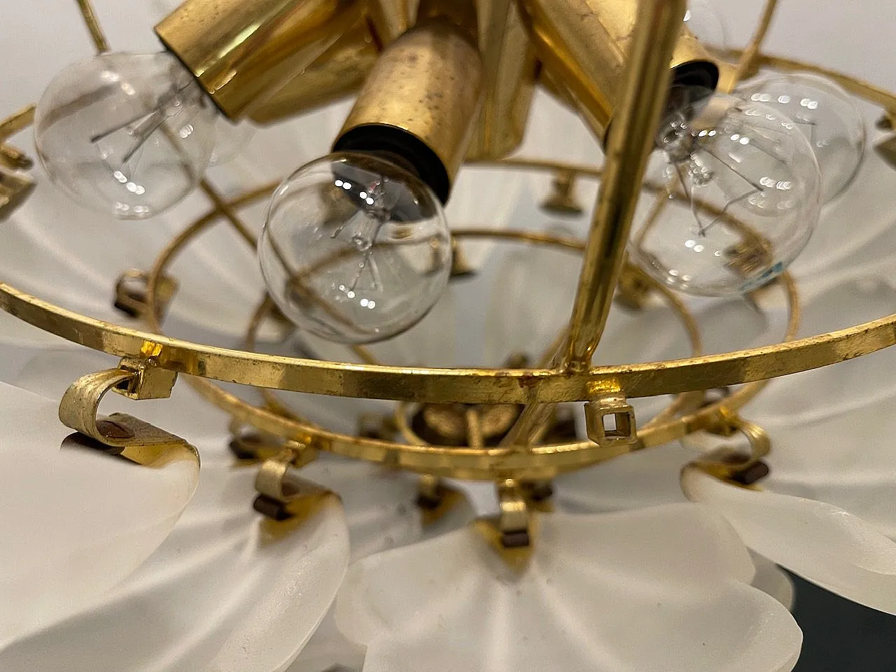 Satinated Glass Brass Chandelier, 1970s 7