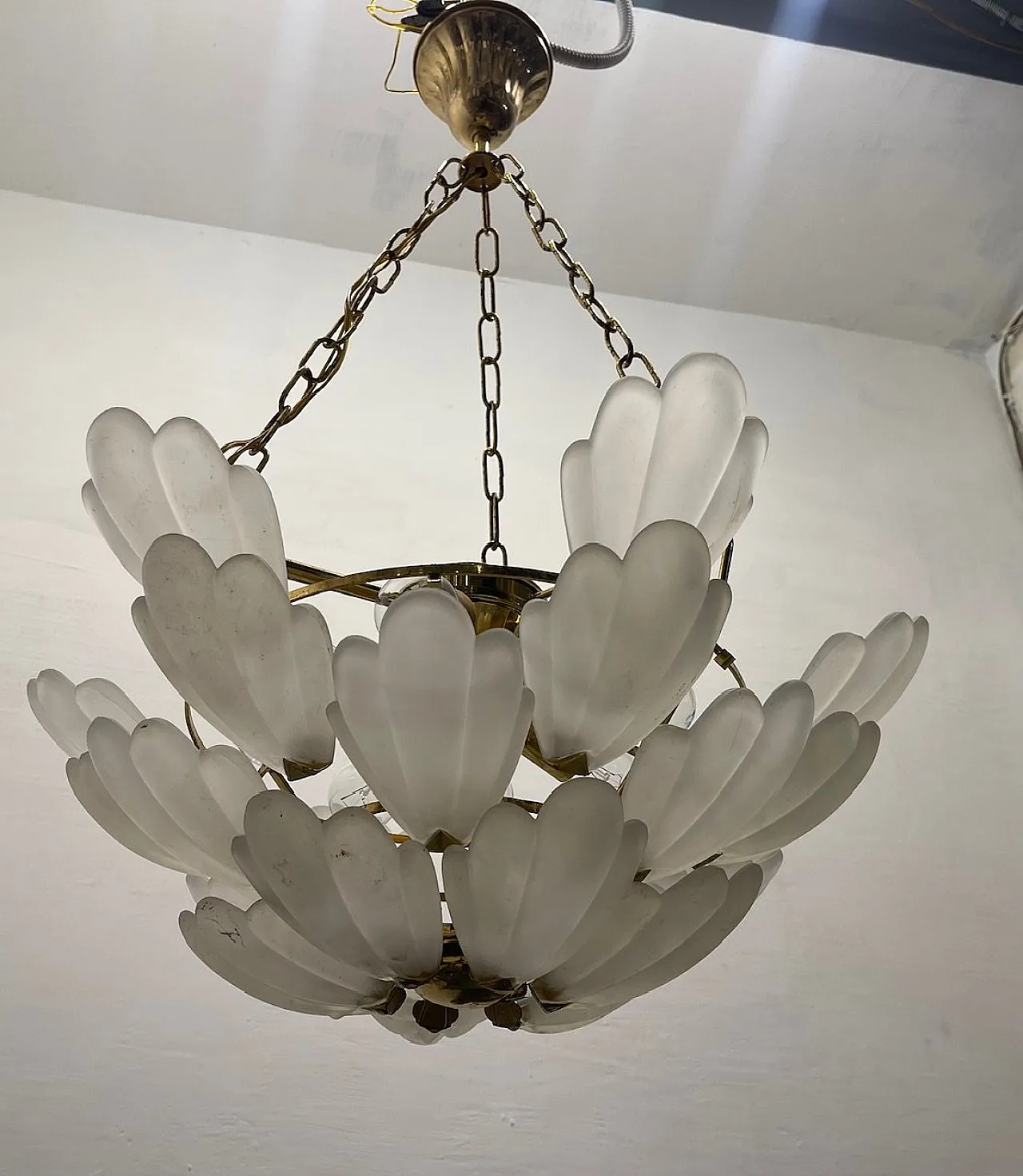 Satinated Glass Brass Chandelier, 1970s 8