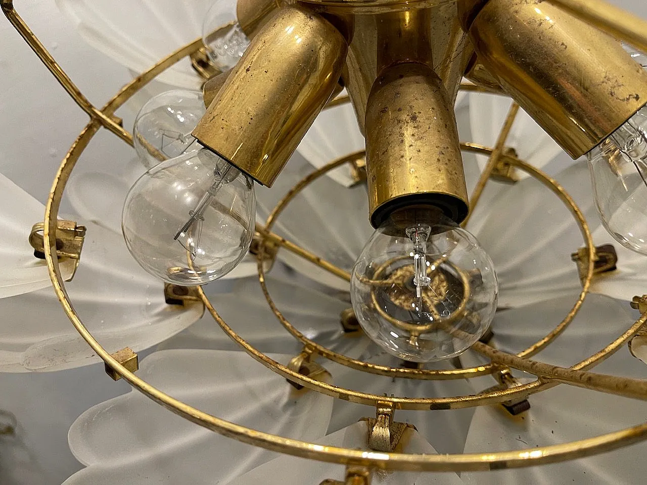 Satinated Glass Brass Chandelier, 1970s 9