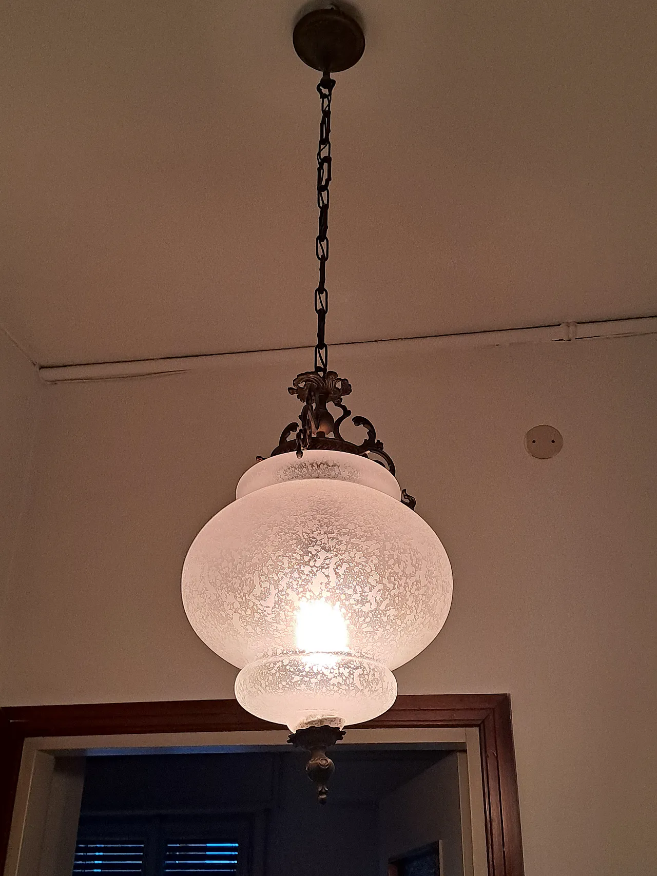 Glass and bronze chandelier, 70s 1