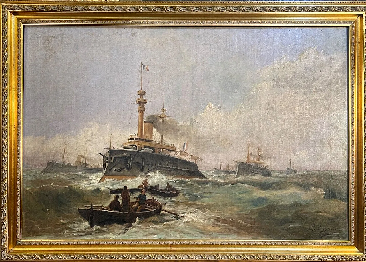 Naval Battle by E. Bogliani, oil on canvas, 19th century 1