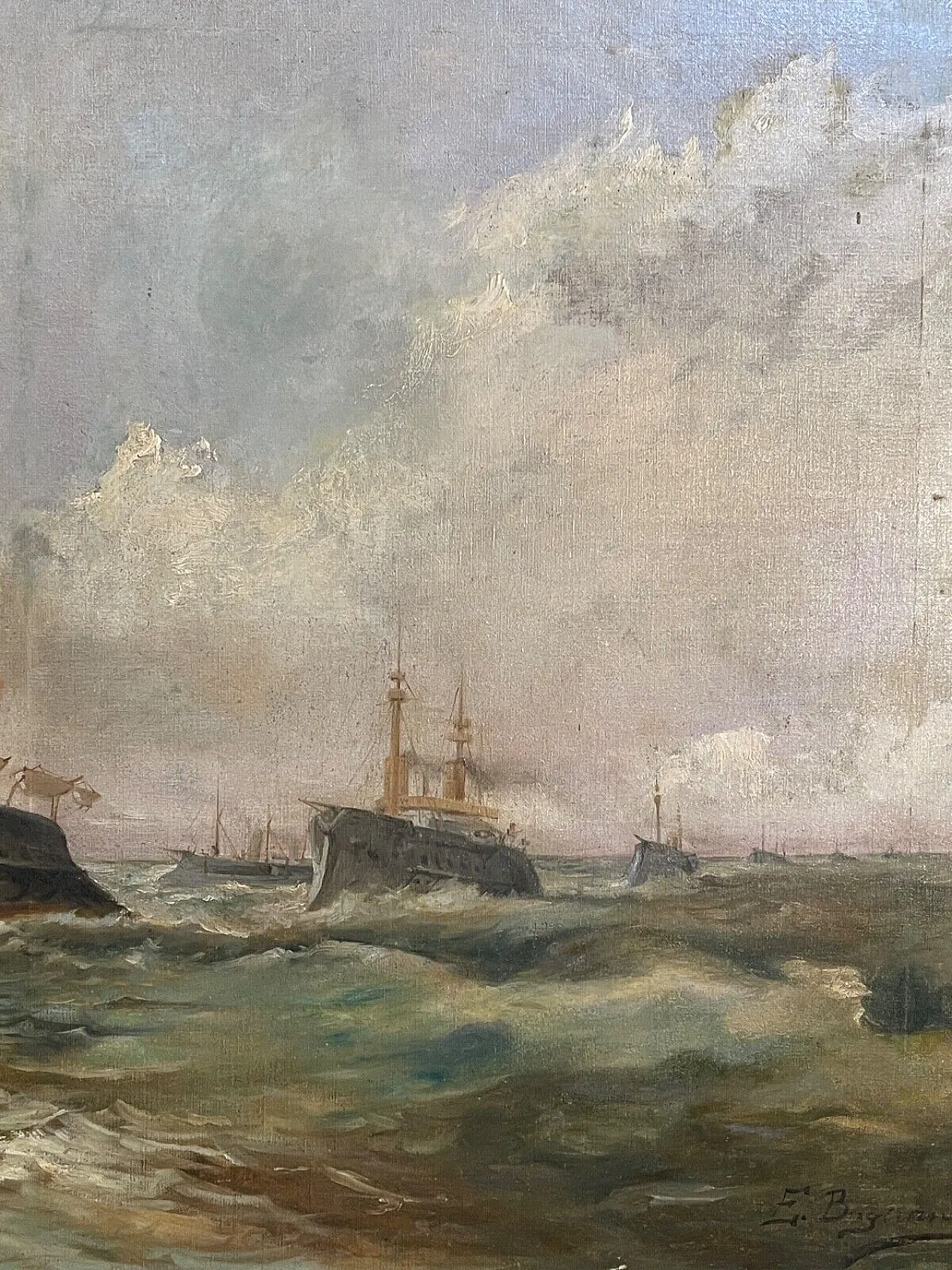 Naval Battle by E. Bogliani, oil on canvas, 19th century 4