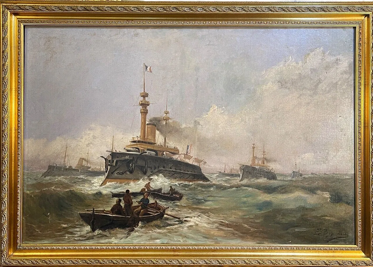 Naval Battle by E. Bogliani, oil on canvas, 19th century 9