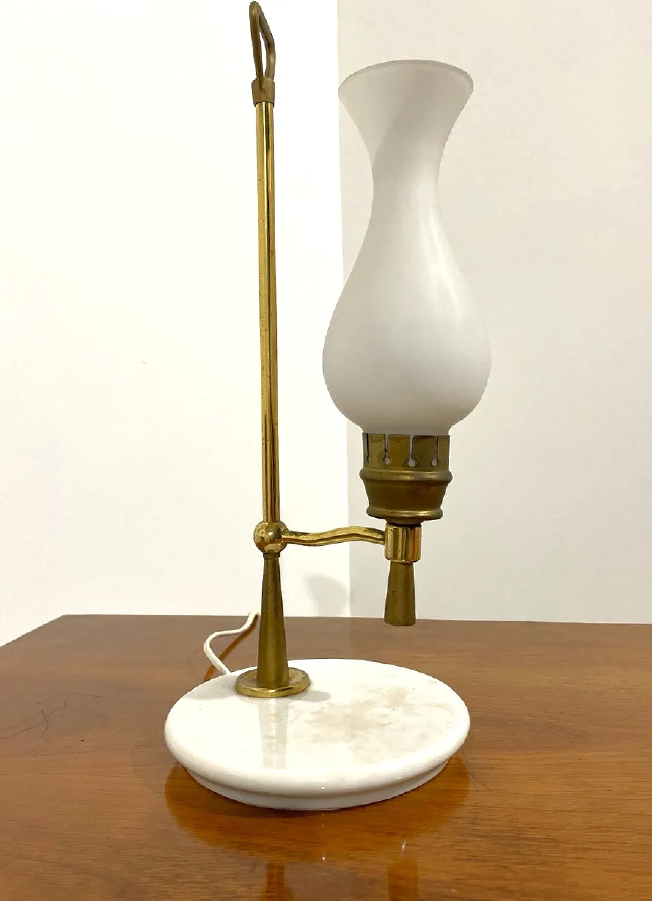Brass lamp, marble and satin glass, 1950s 10