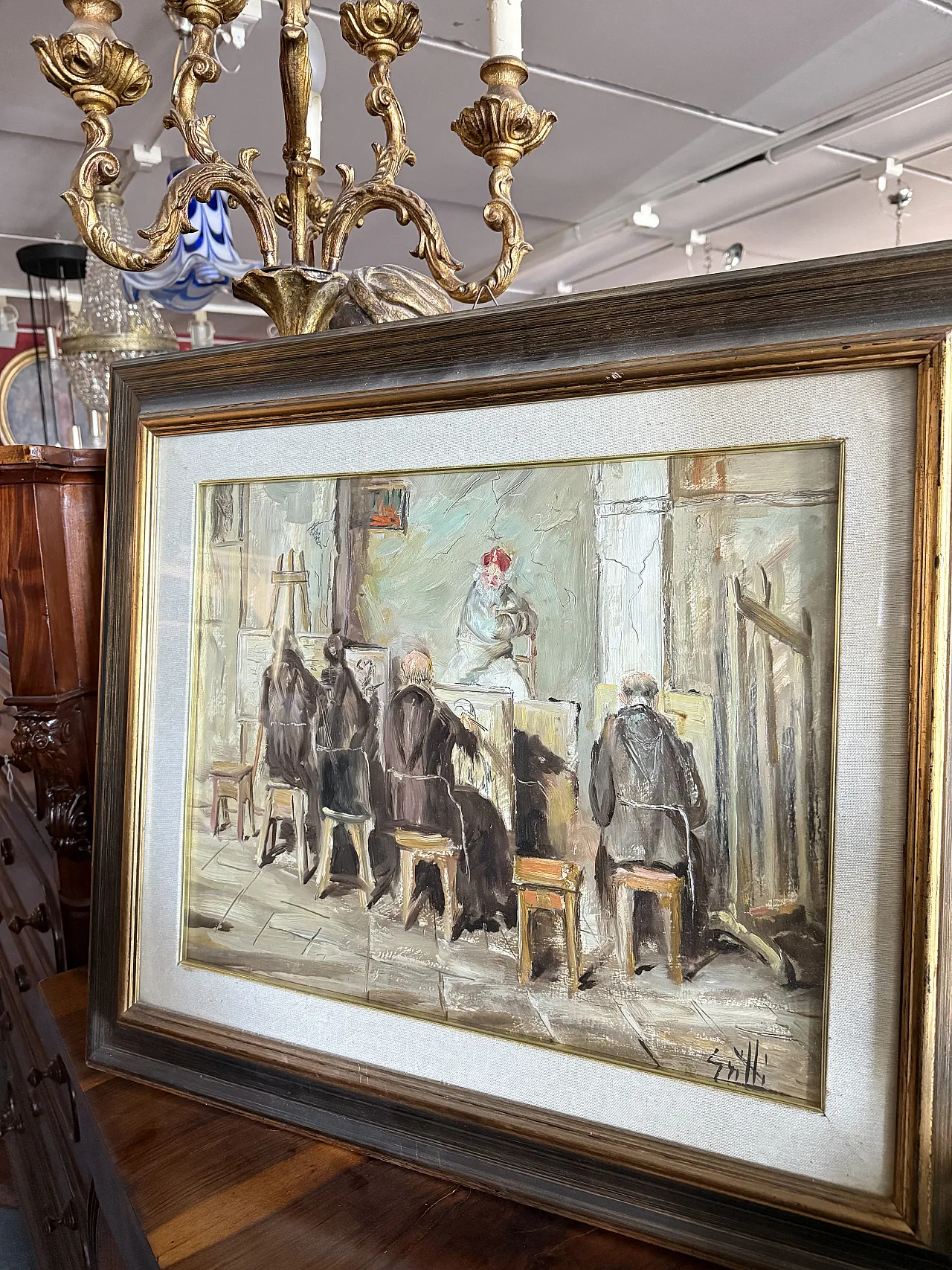 Olio su tela frati artisti in atelier, firmato Grilli, '900 1
