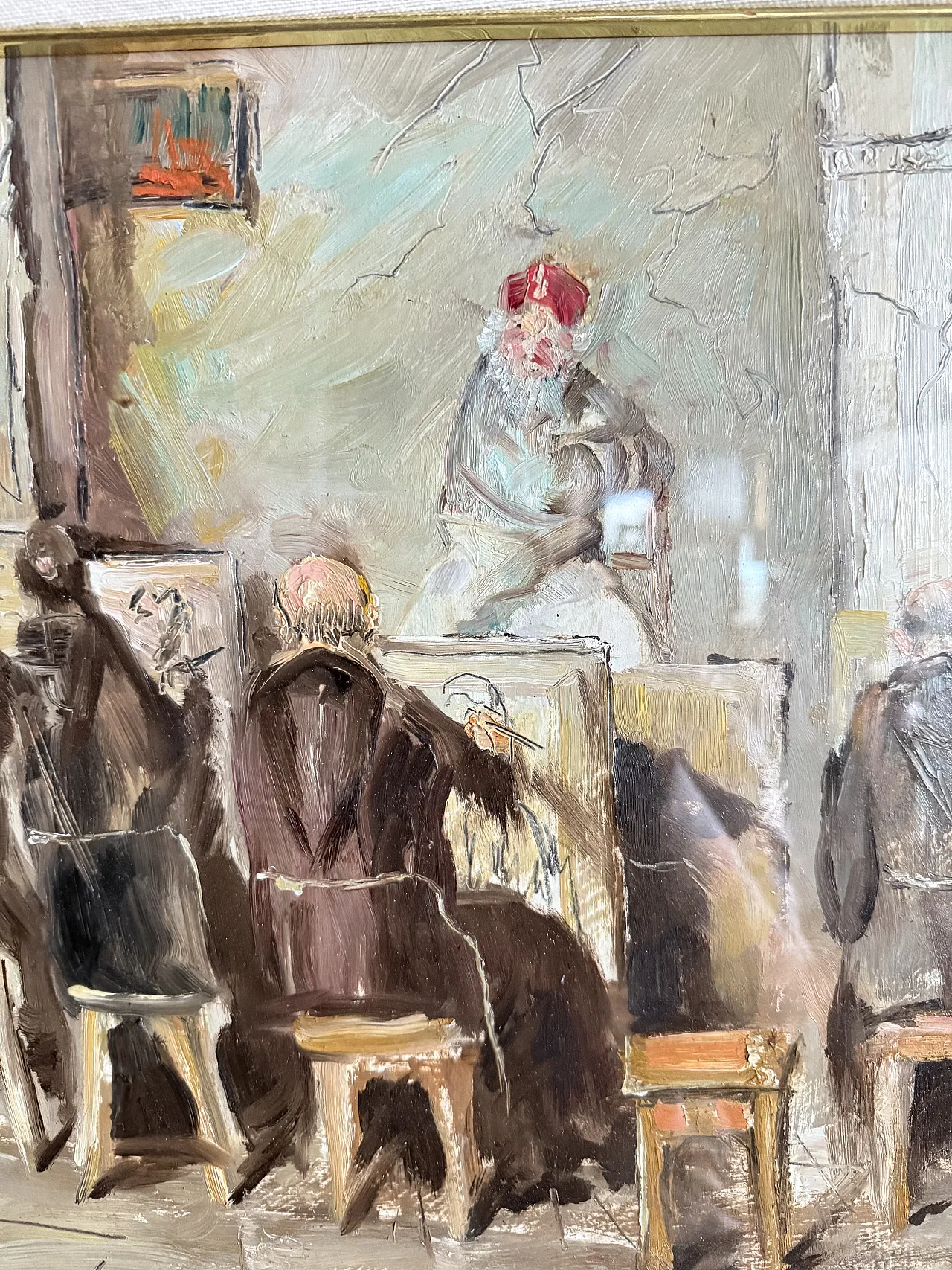 Olio su tela frati artisti in atelier, firmato Grilli, '900 2