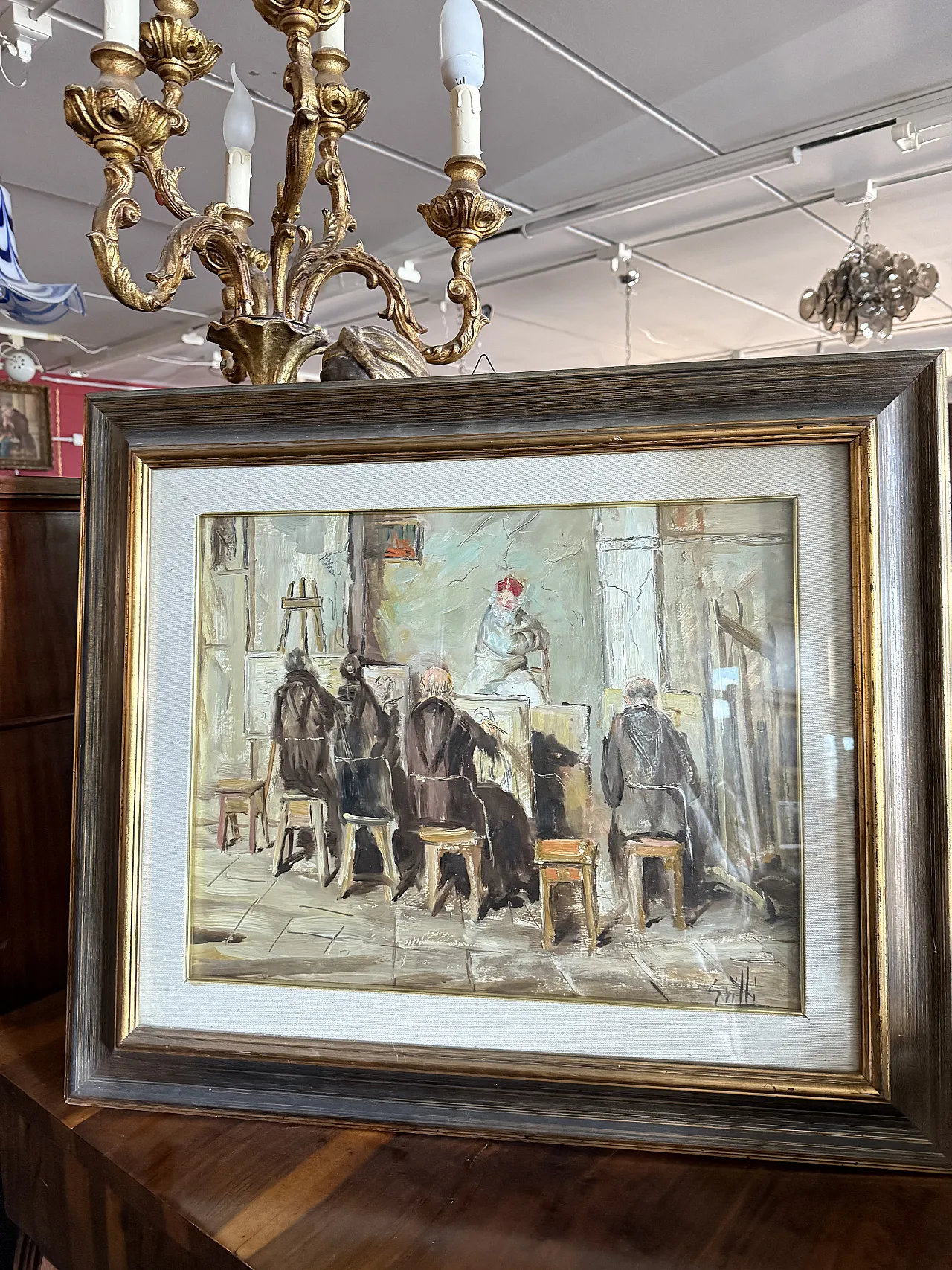 Olio su tela frati artisti in atelier, firmato Grilli, '900 3