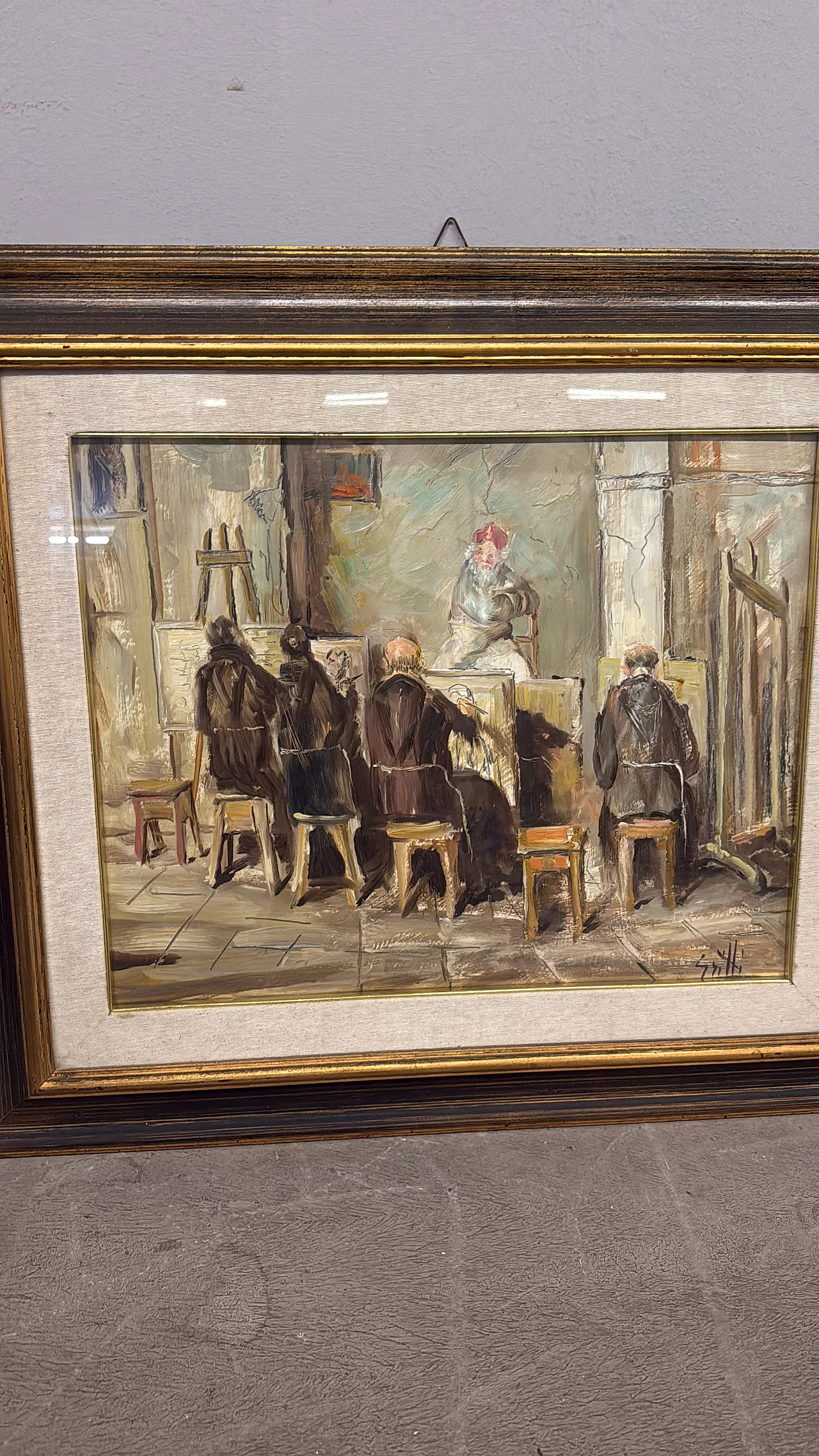 Olio su tela frati artisti in atelier, firmato Grilli, '900 5