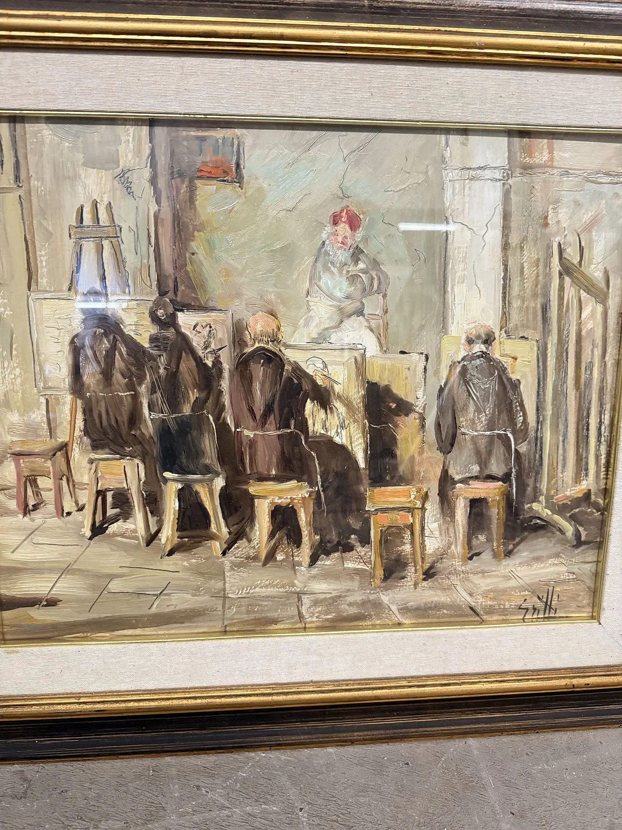 Olio su tela frati artisti in atelier, firmato Grilli, '900 6