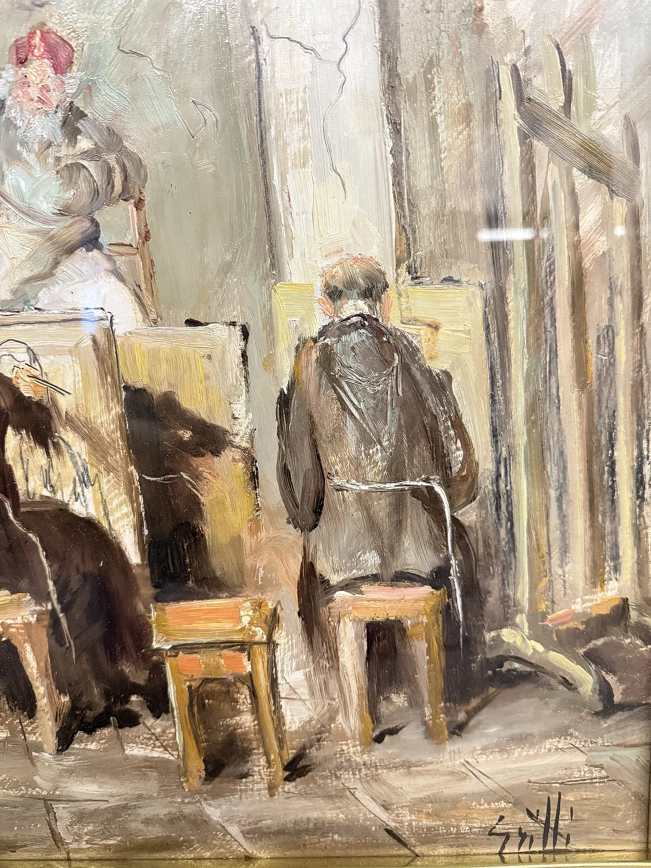 Olio su tela frati artisti in atelier, firmato Grilli, '900 8
