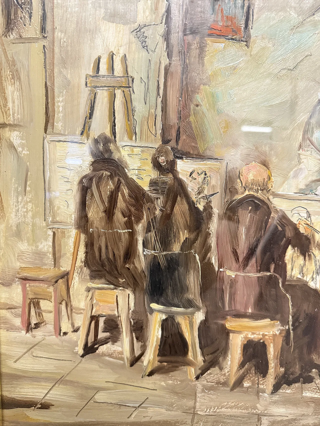 Olio su tela frati artisti in atelier, firmato Grilli, '900 10