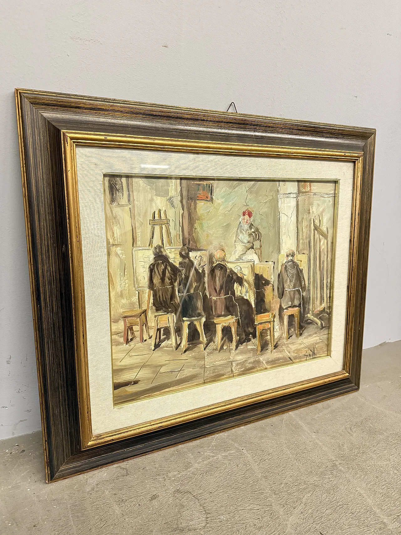 Olio su tela frati artisti in atelier, firmato Grilli, '900 13