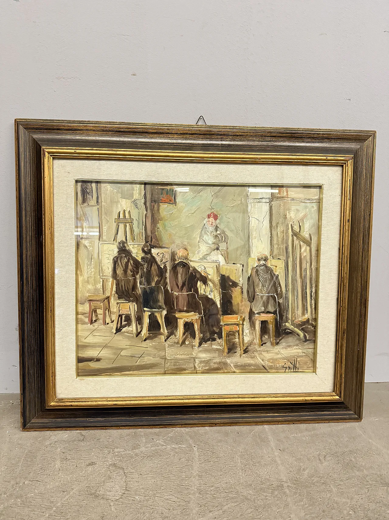 Olio su tela frati artisti in atelier, firmato Grilli, '900 14