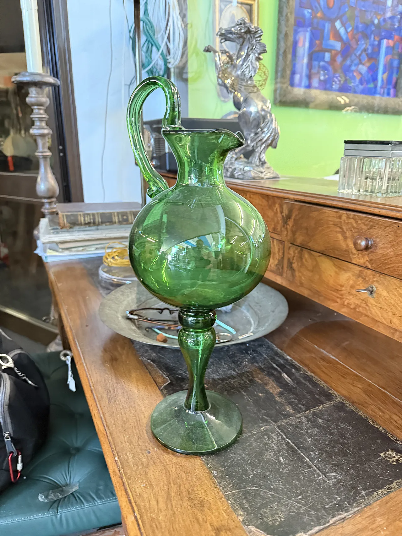 Versatoio brocca  in vetro verde soffiato, Empoli, primi '900 1