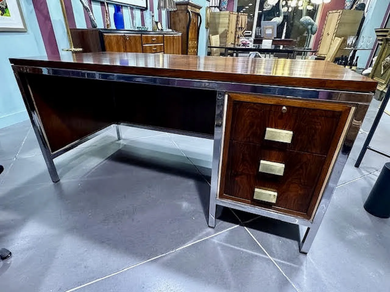 Scrivania in palissandro e acciaio cromato, anni '60 9