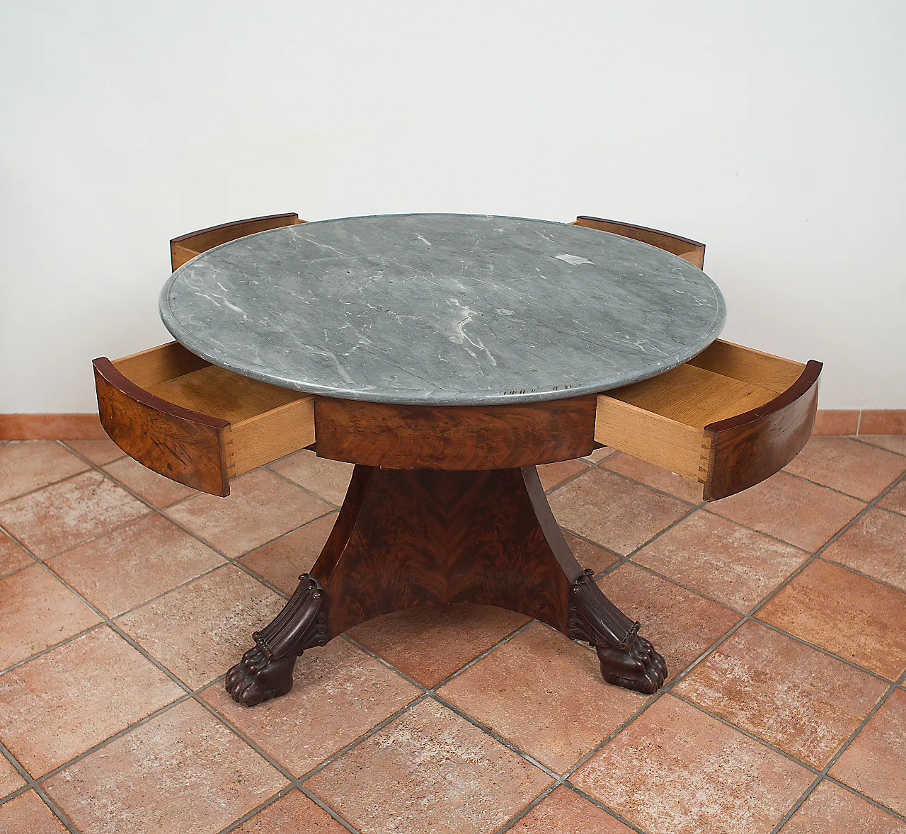 Table with central foot in mahogany and marble top, 19th c. 4