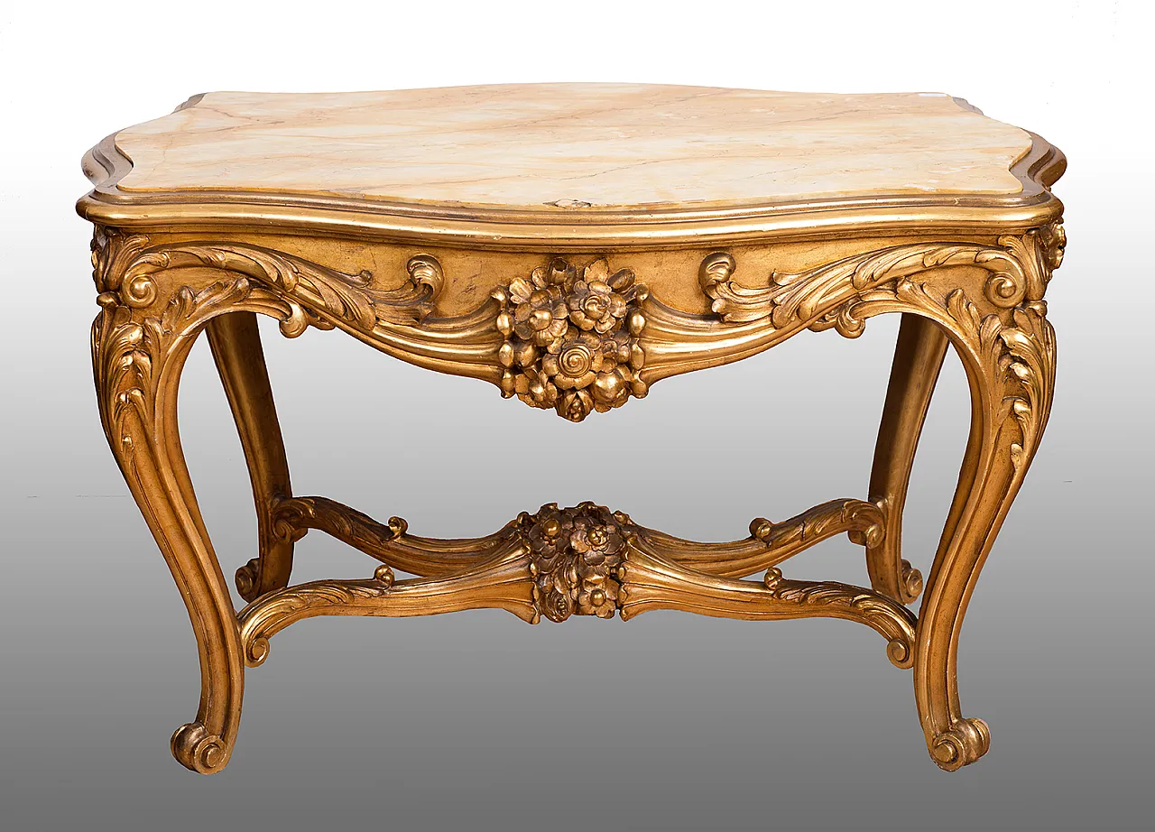 Golden and carved wooden table with Napoleon III onice top, 20th c, 1