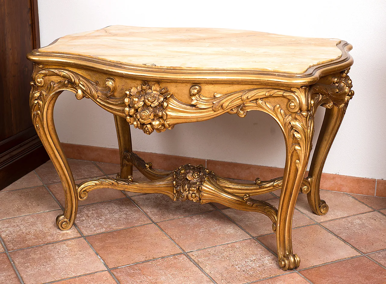Golden and carved wooden table with Napoleon III onice top, 20th c, 6
