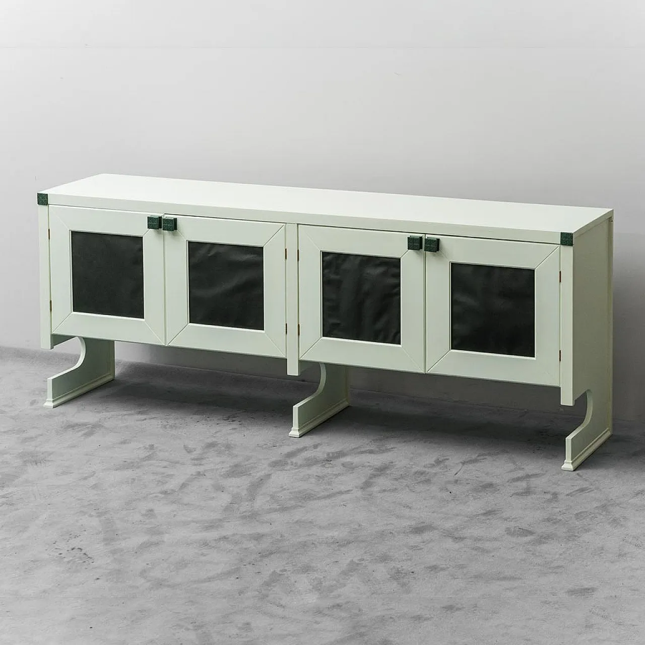 Mobile sideboard in wood and green leather, 60s 1