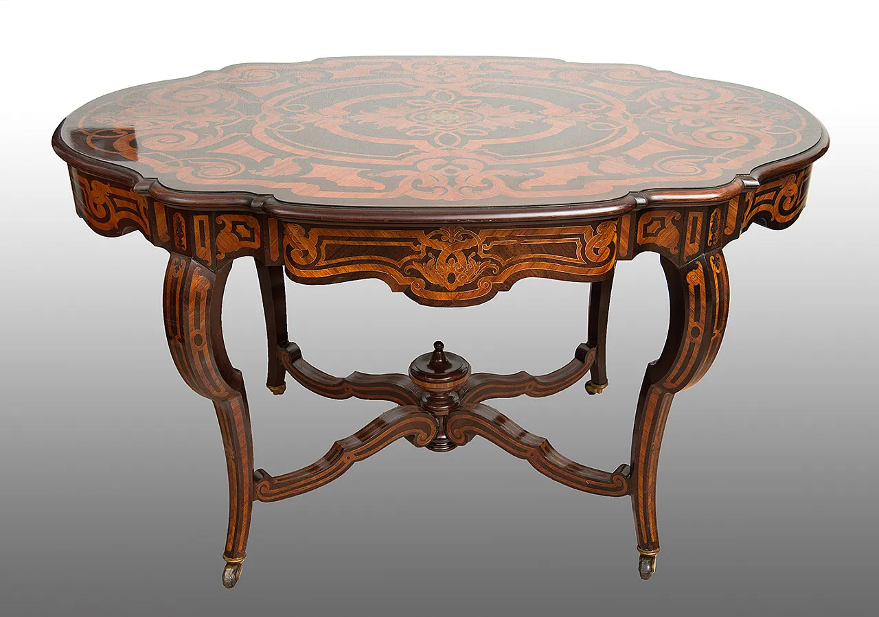 French Napoleon table in French in precious exotic woods, '800 1