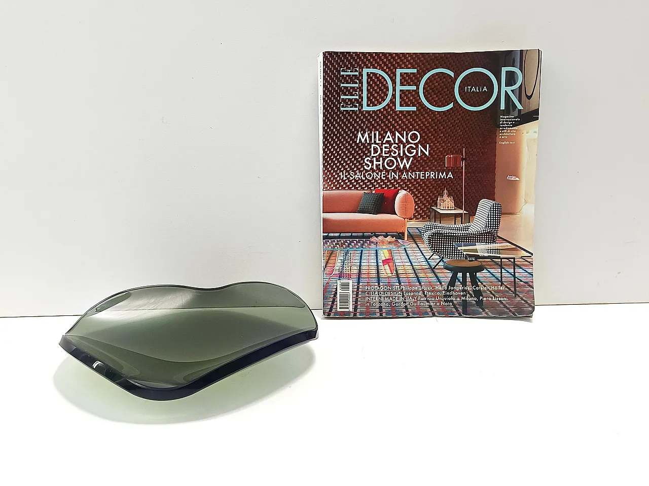 Thick Dark Green Glass Centerpiece in Fontana Arte style, 60s 2