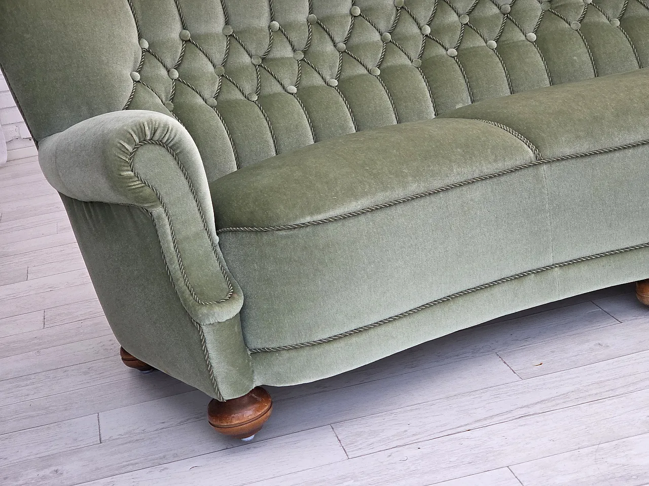 Danish 3-seater curved sofa velour, beech wood legs, 1970s 3