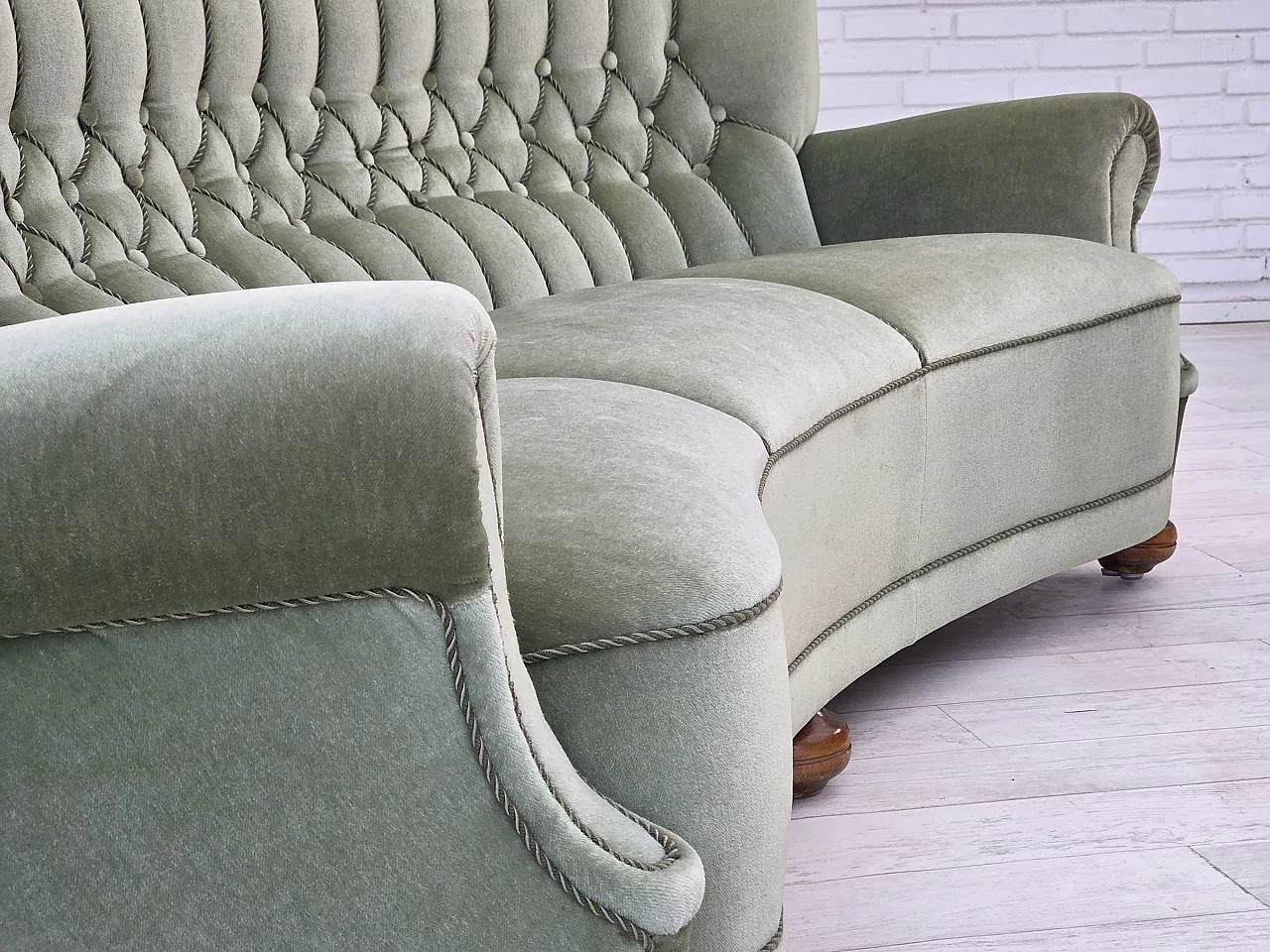 Danish 3-seater curved sofa velour, beech wood legs, 1970s 7