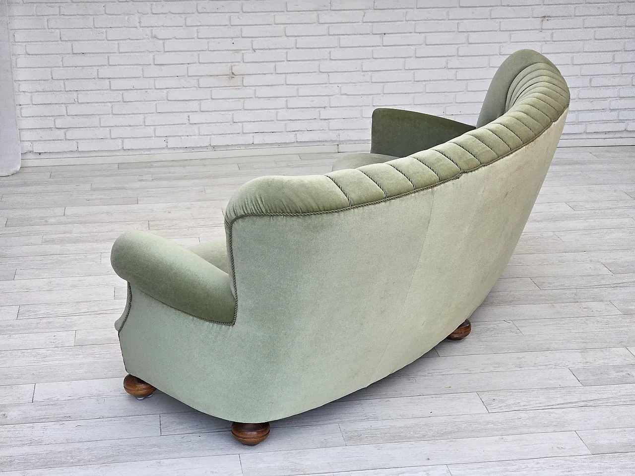 Danish 3-seater curved sofa velour, beech wood legs, 1970s 11