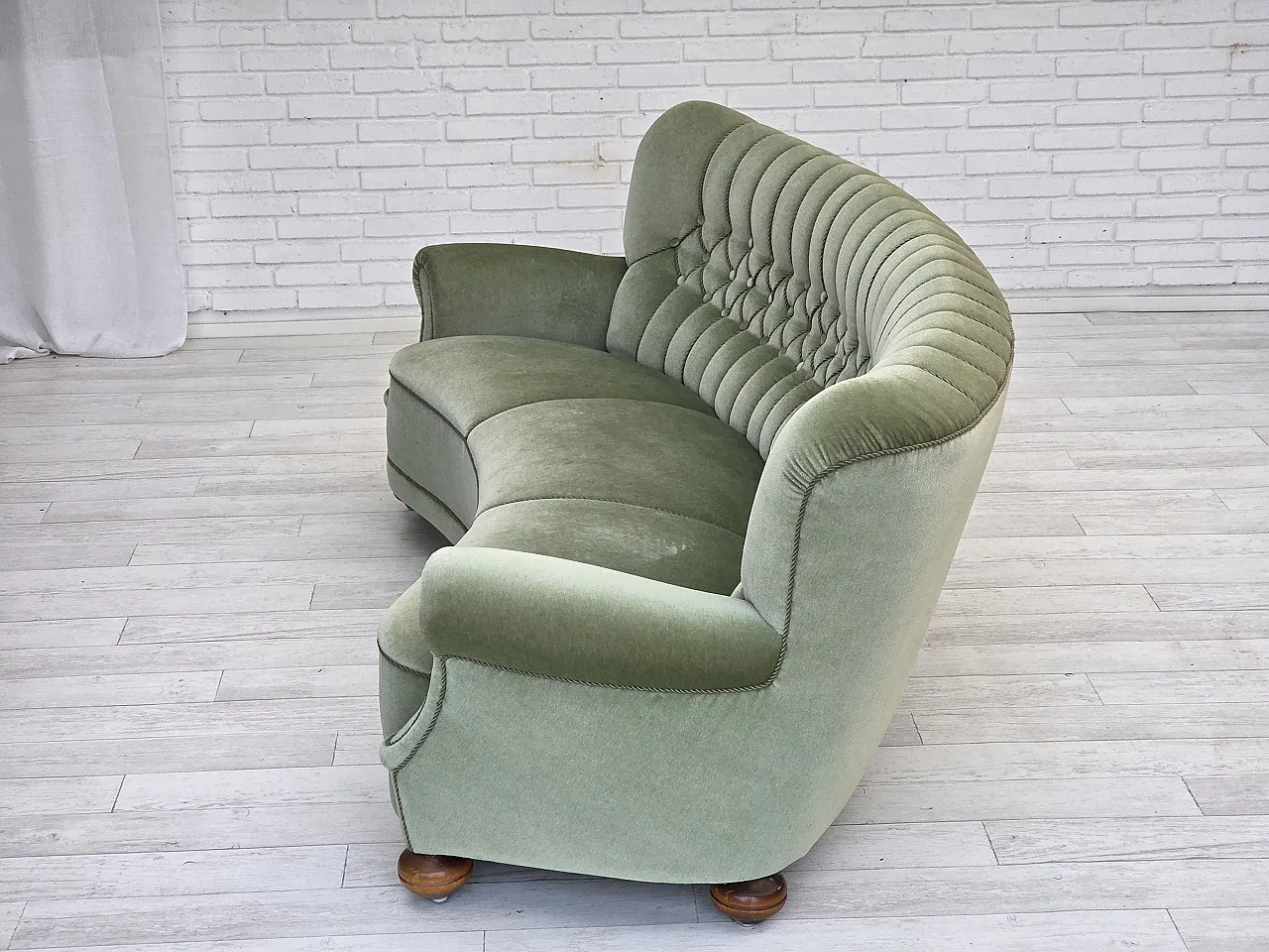 Danish 3-seater curved sofa velour, beech wood legs, 1970s 12