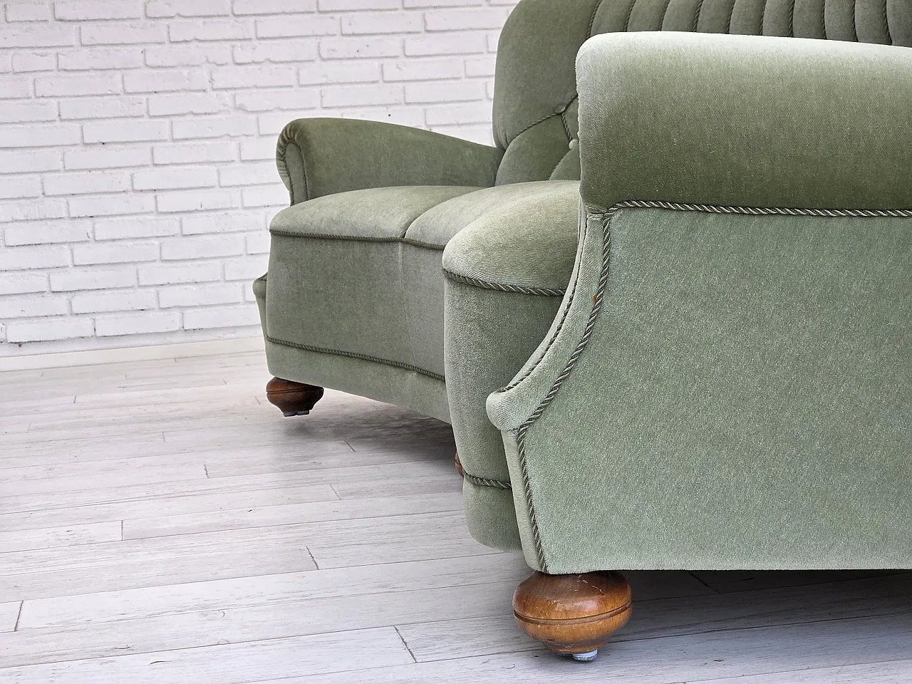 Danish 3-seater curved sofa velour, beech wood legs, 1970s 13