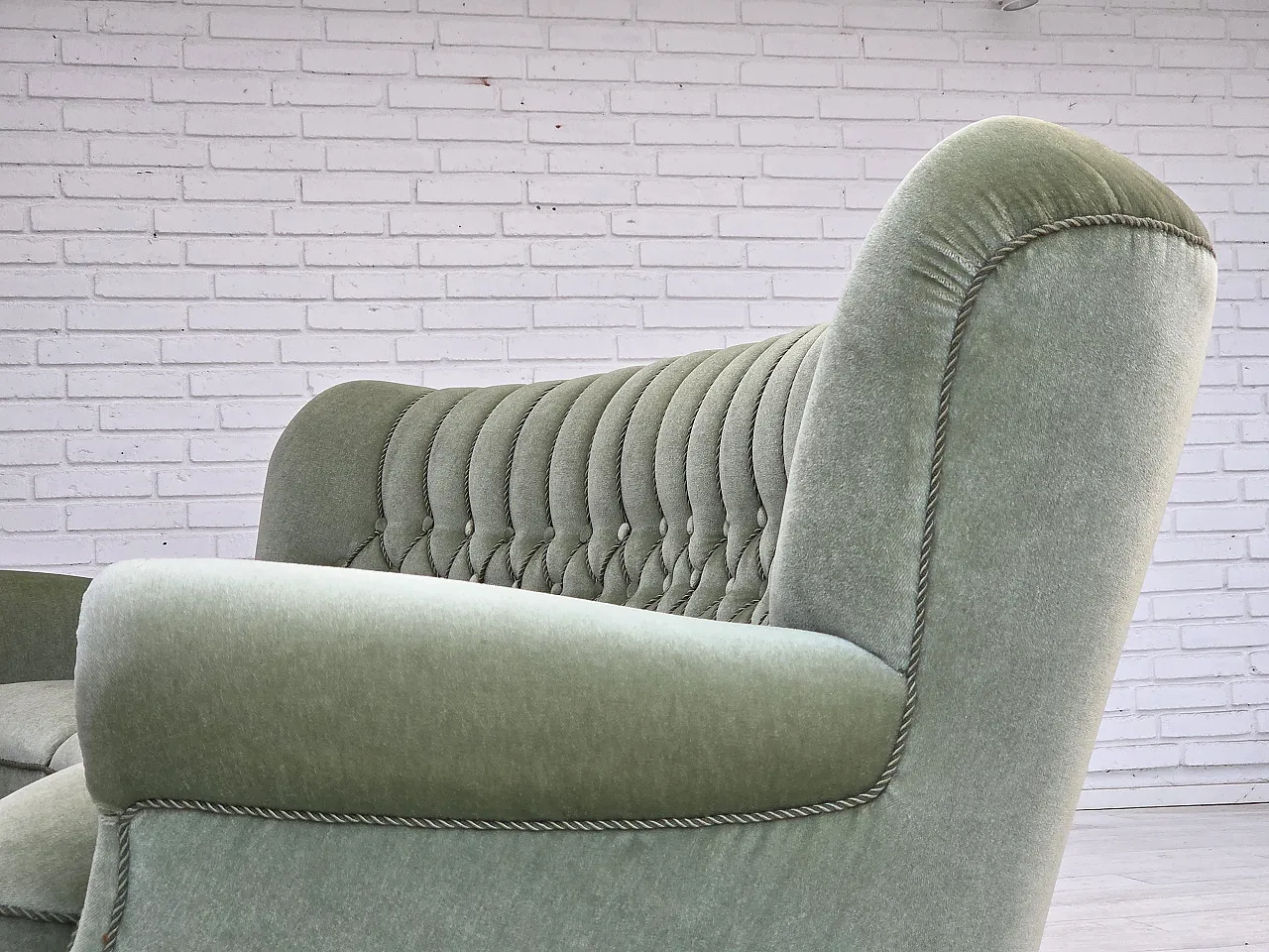 Danish 3-seater curved sofa velour, beech wood legs, 1970s 14